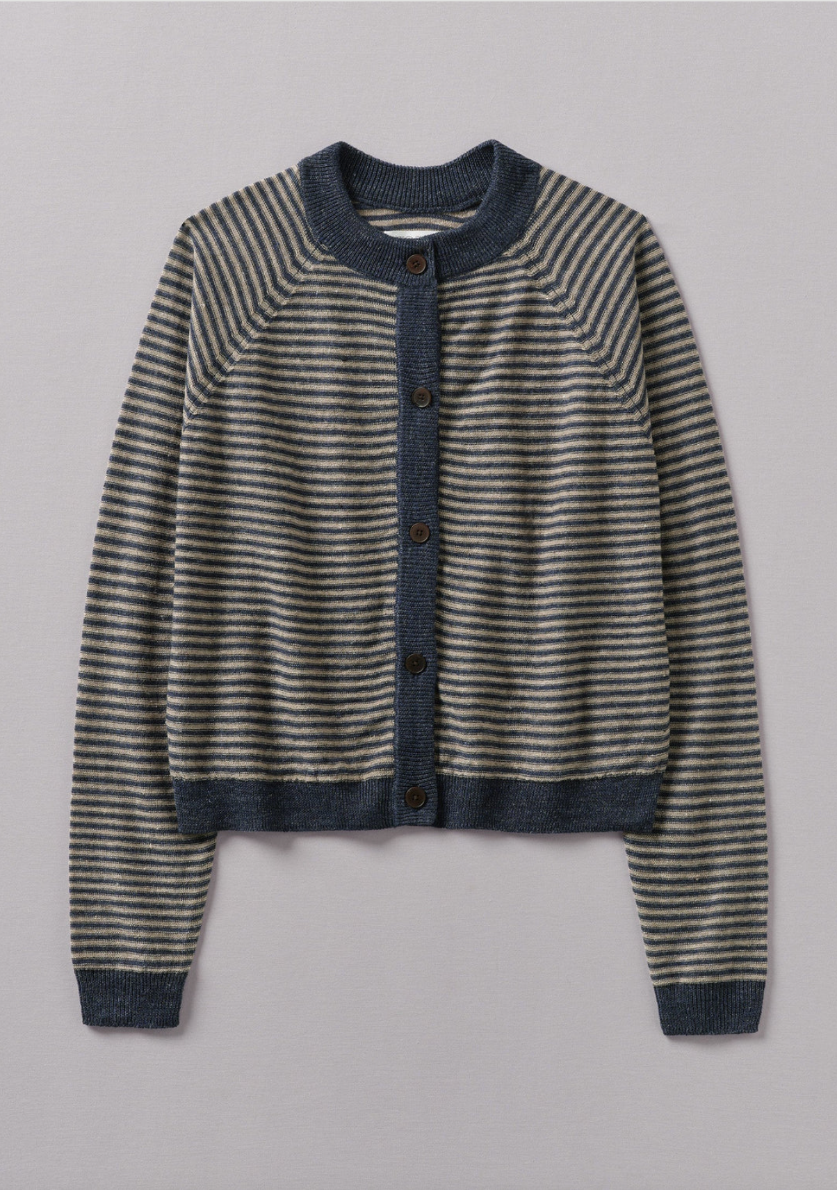 Fine Striped Linen Wool Cardigan Blue Melange