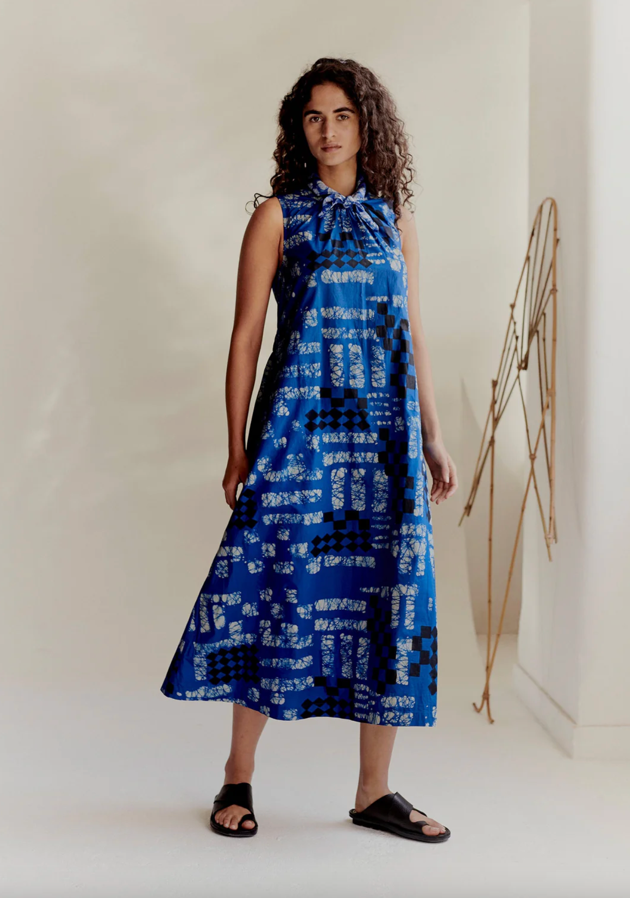 Block Print Batik Poplin Dress Azurite Blue