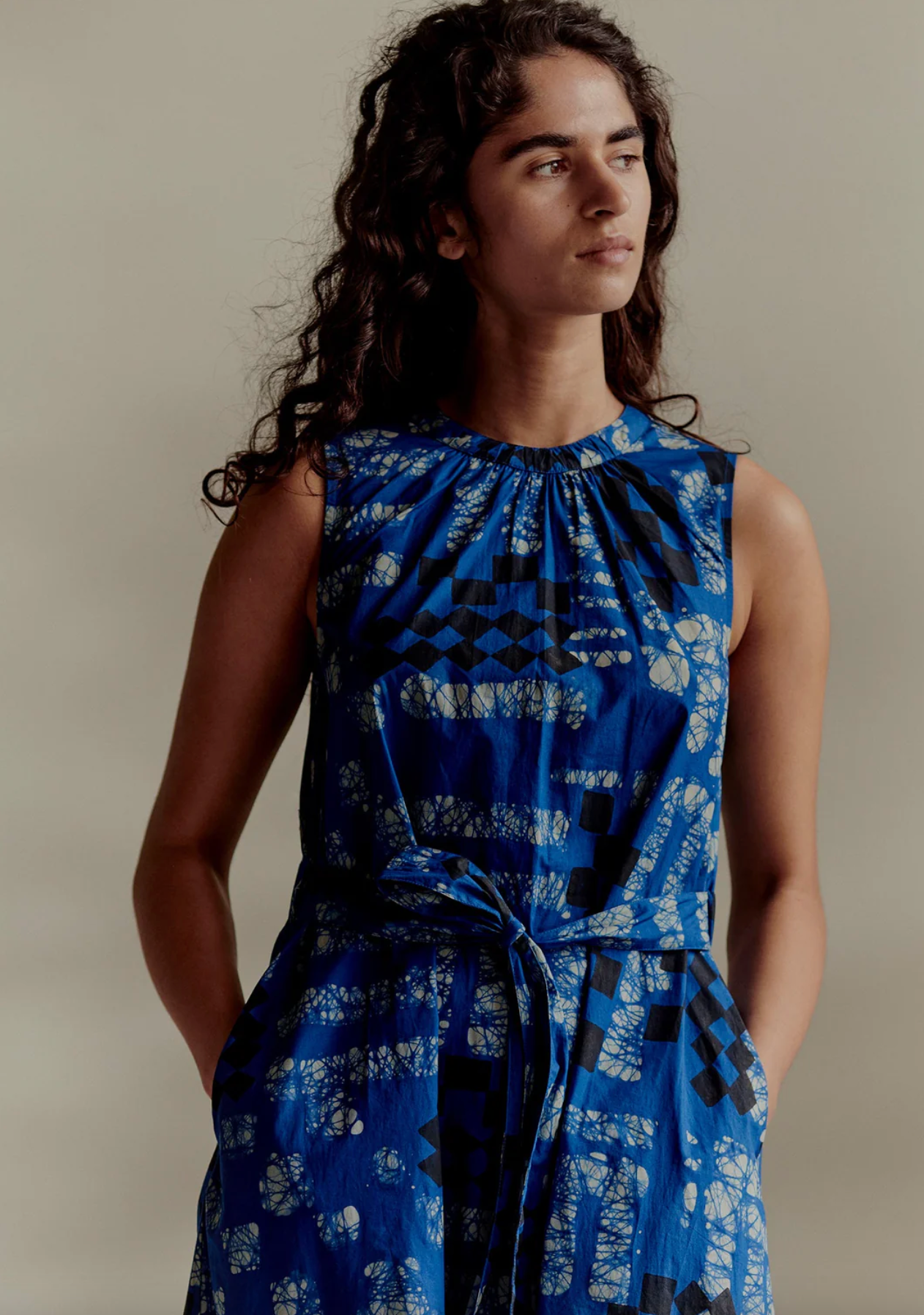 Block Print Batik Poplin Dress Azurite Blue