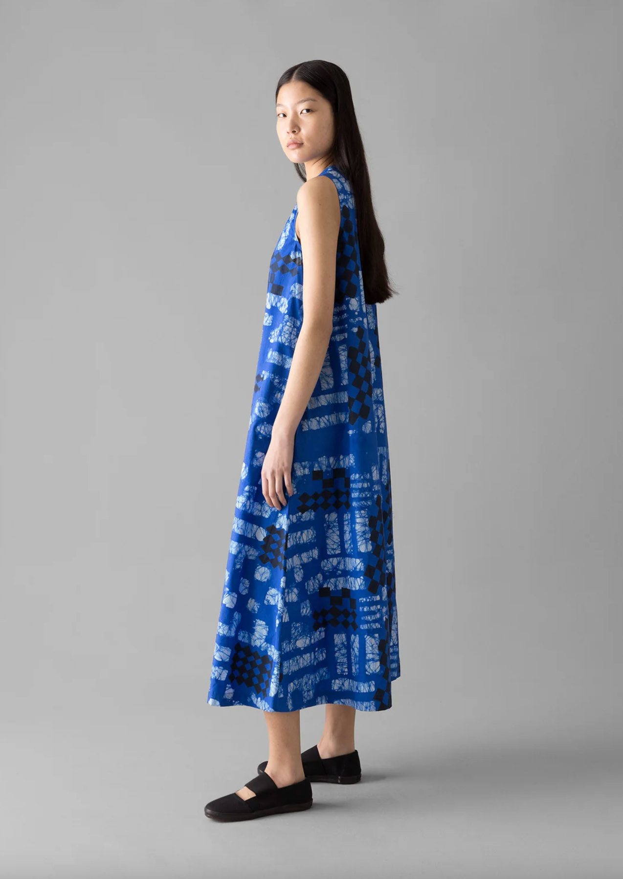 Block Print Batik Poplin Dress Azurite Blue