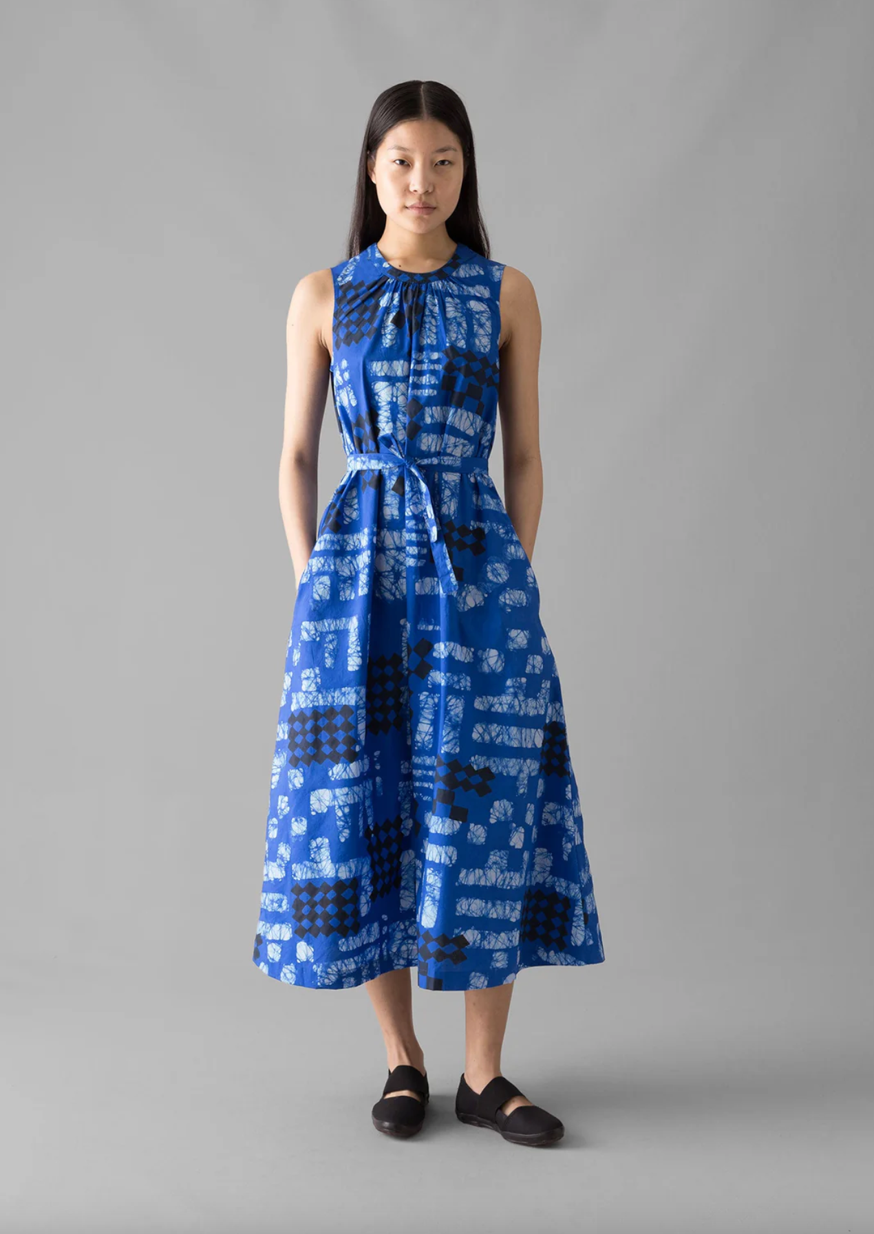 Block Print Batik Poplin Dress Azurite Blue