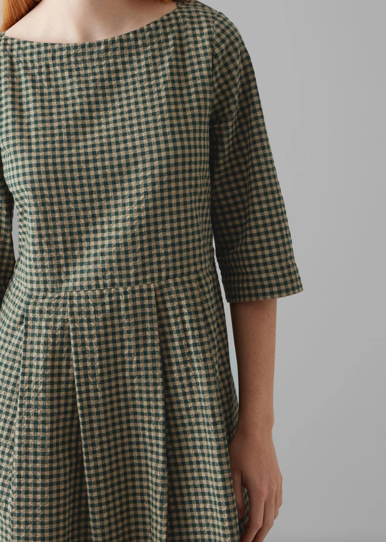 Franca Cotton Gingham Seersucker Dress Olive Green