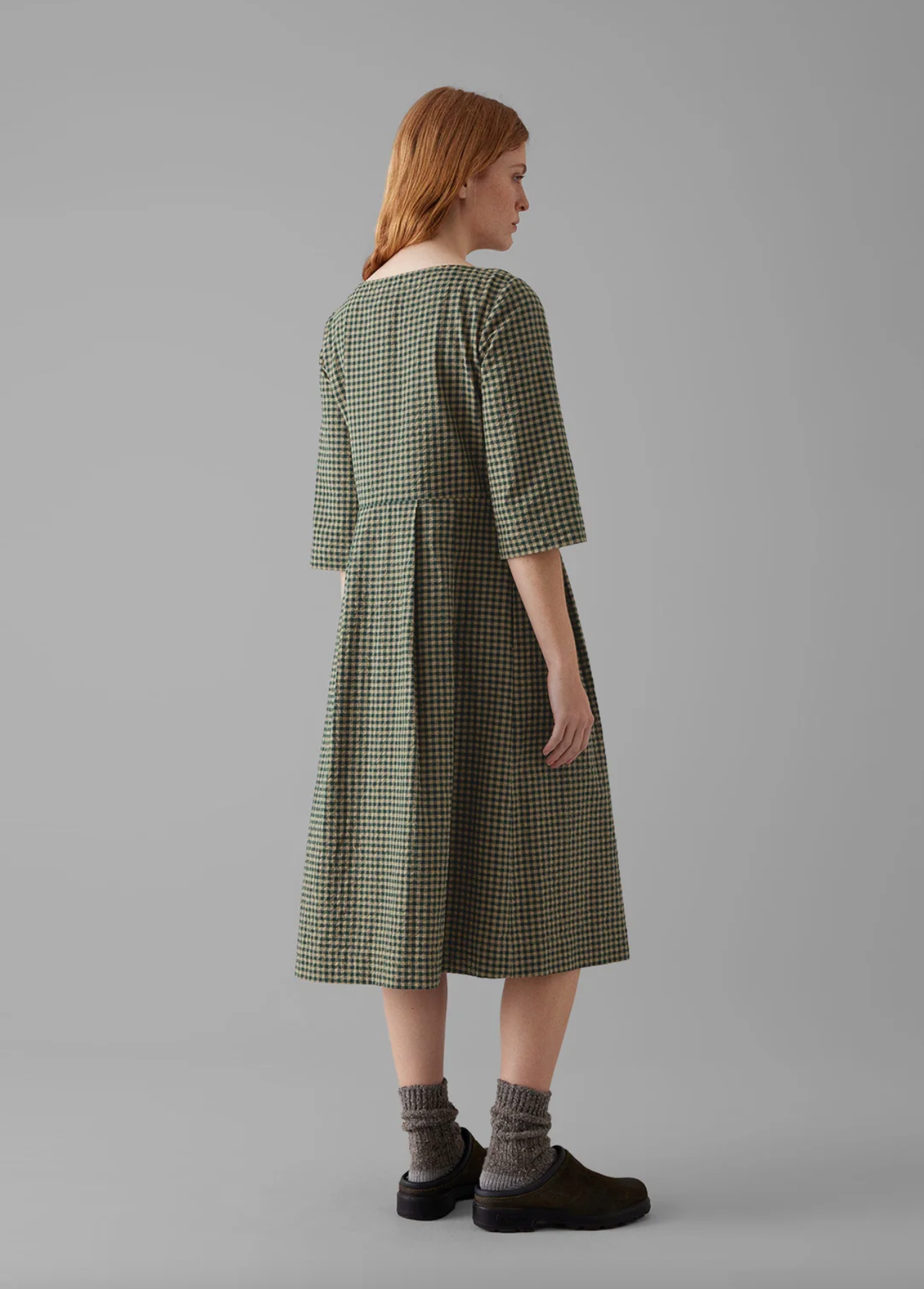 Franca Cotton Gingham Seersucker Dress Olive Green