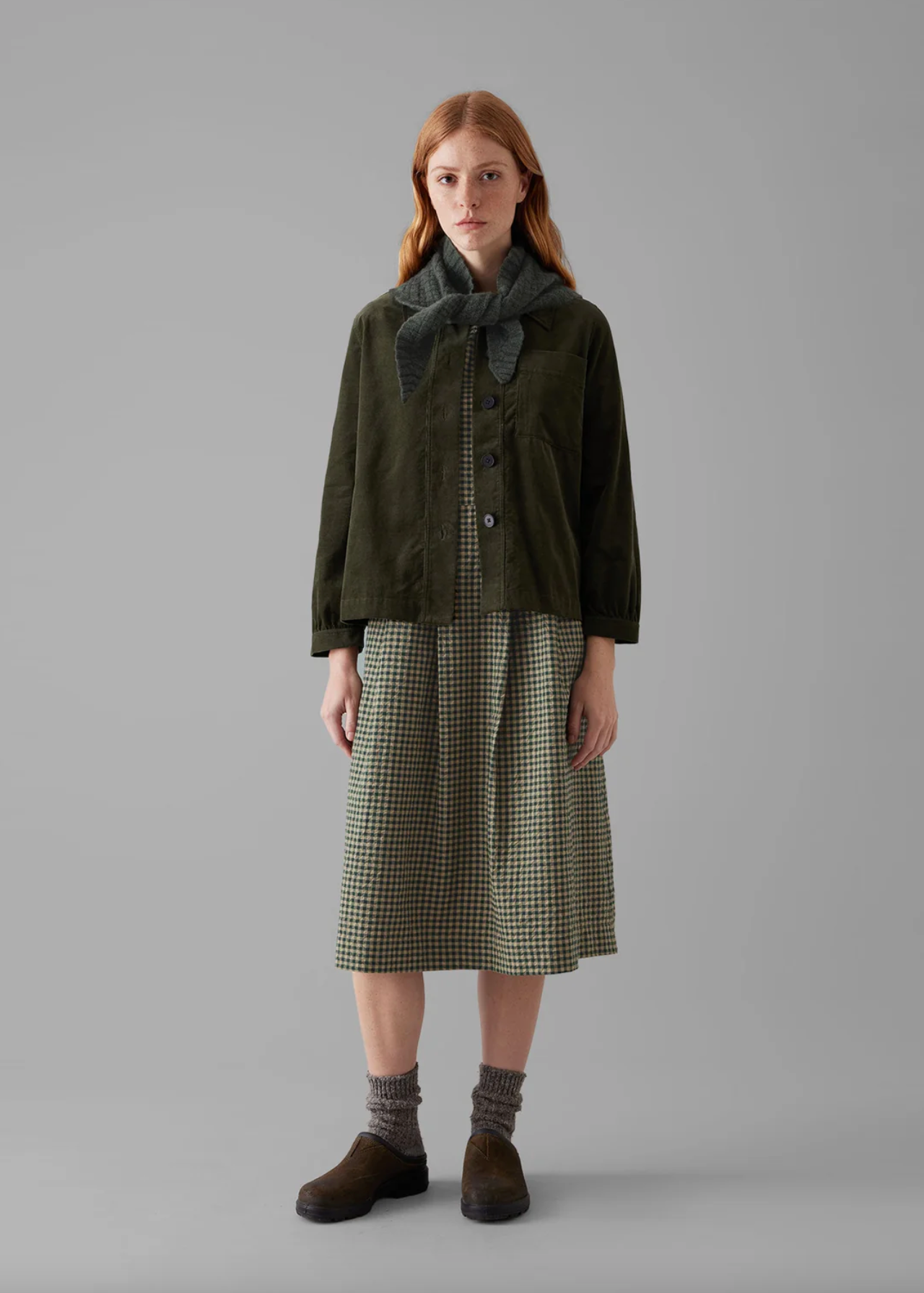 Franca Cotton Gingham Seersucker Dress Olive Green