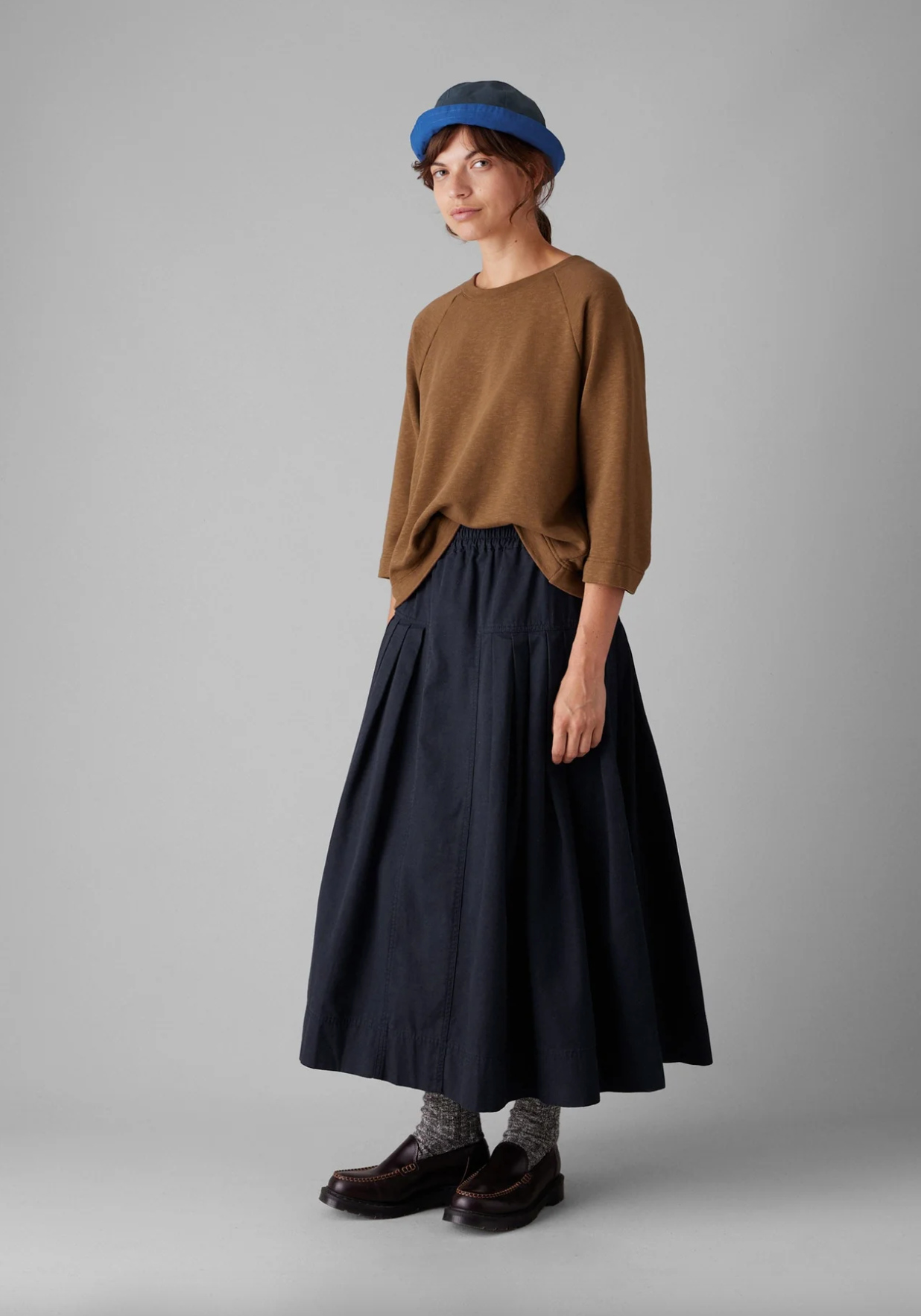 Pleated Cotton Skirt Navy