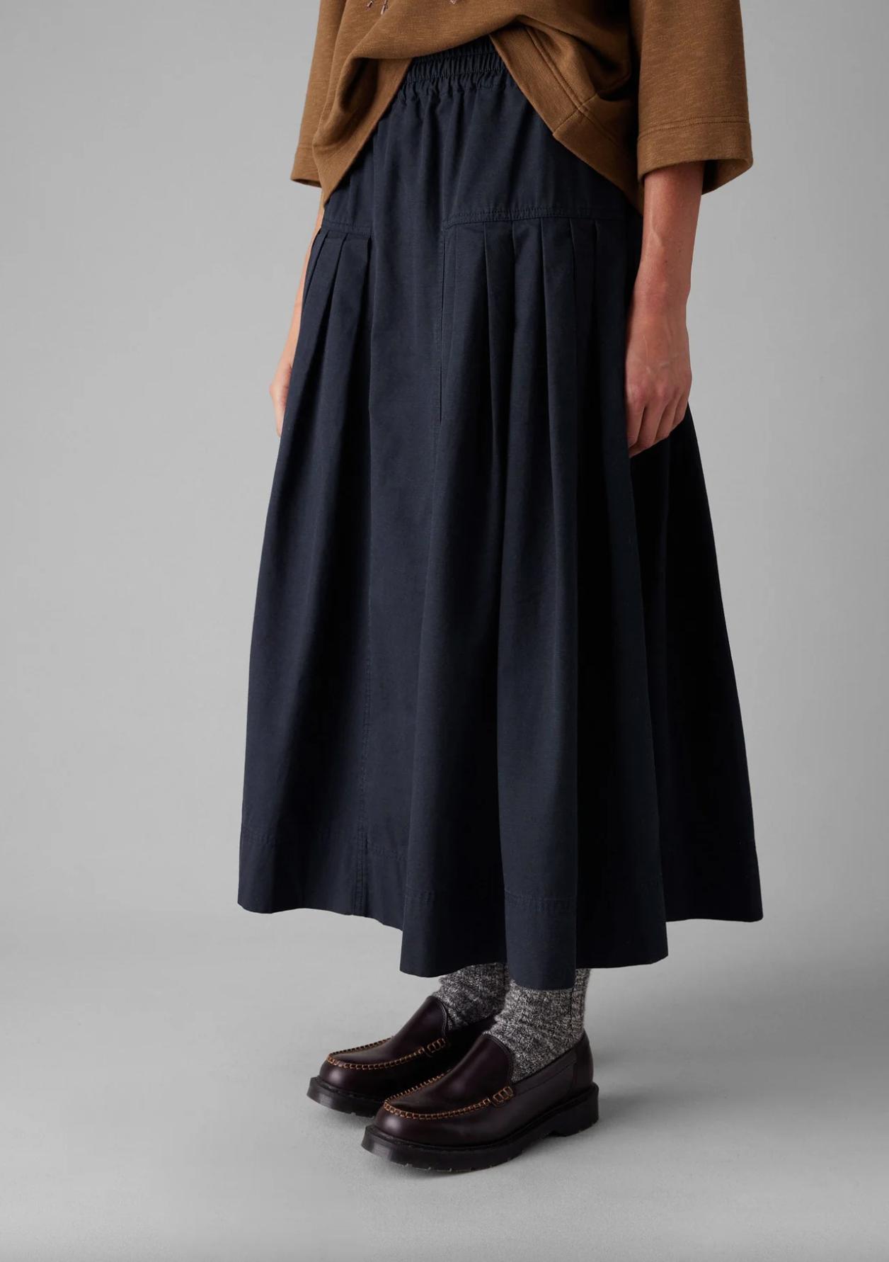 Pleated Cotton Skirt Navy