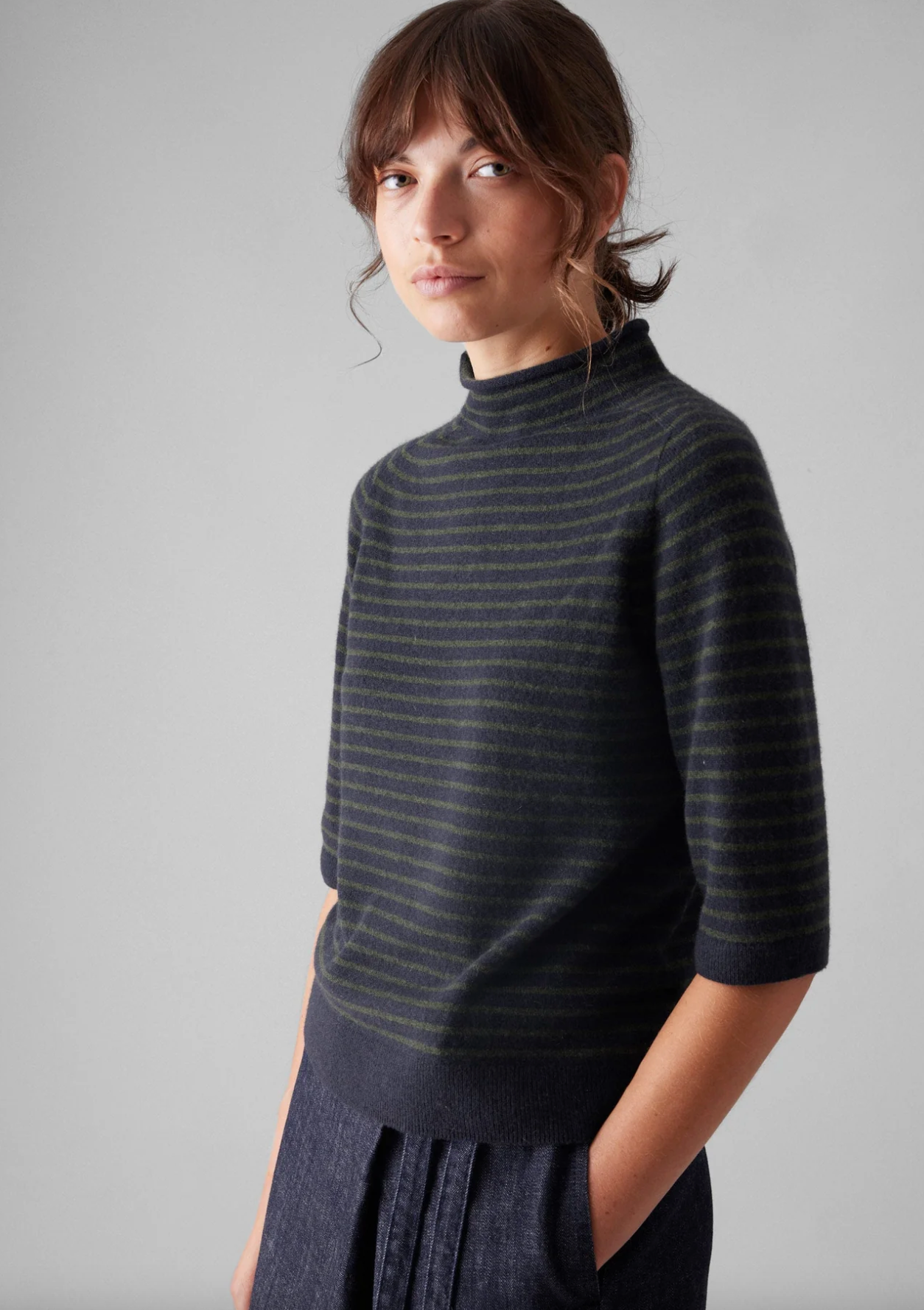 Stripe Wool Cashmere Sweater Dark Navy Olive