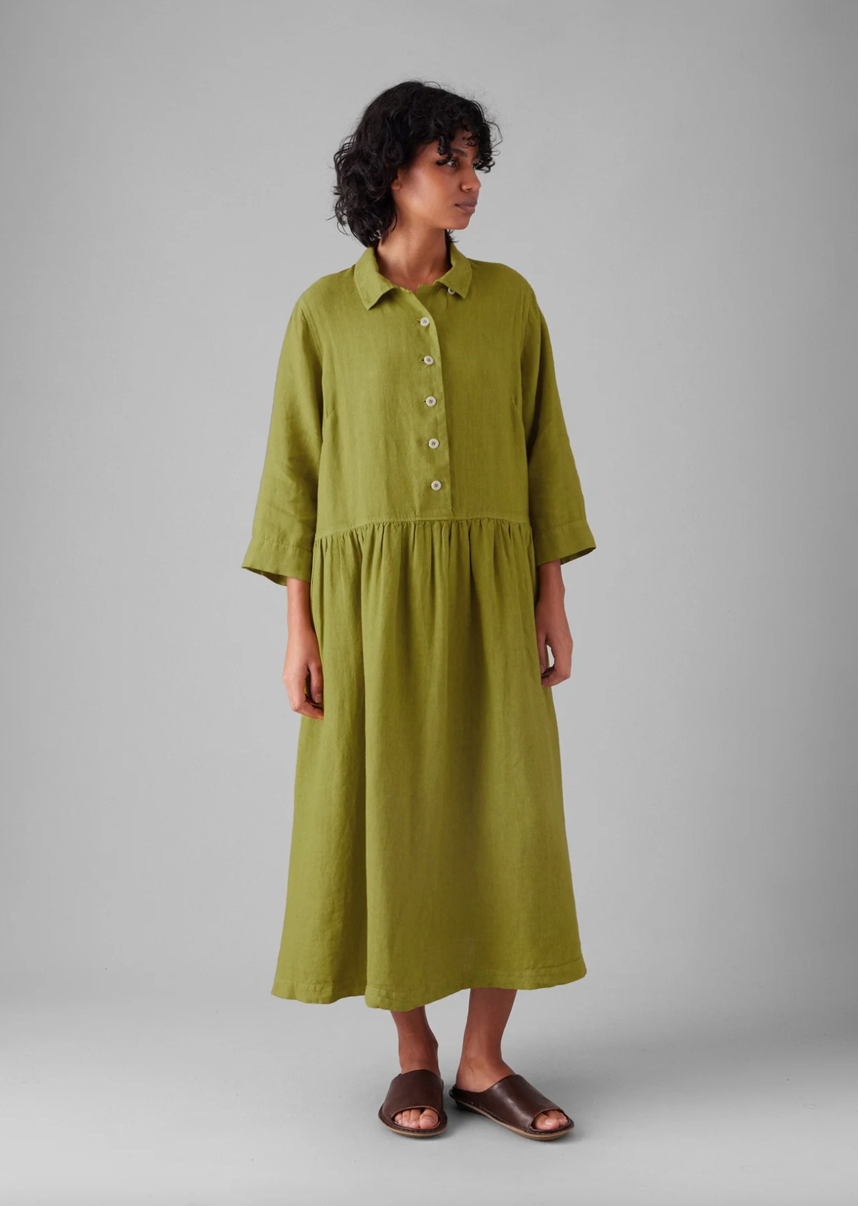 Garment Dyed Linen Shirt Dress Olivine