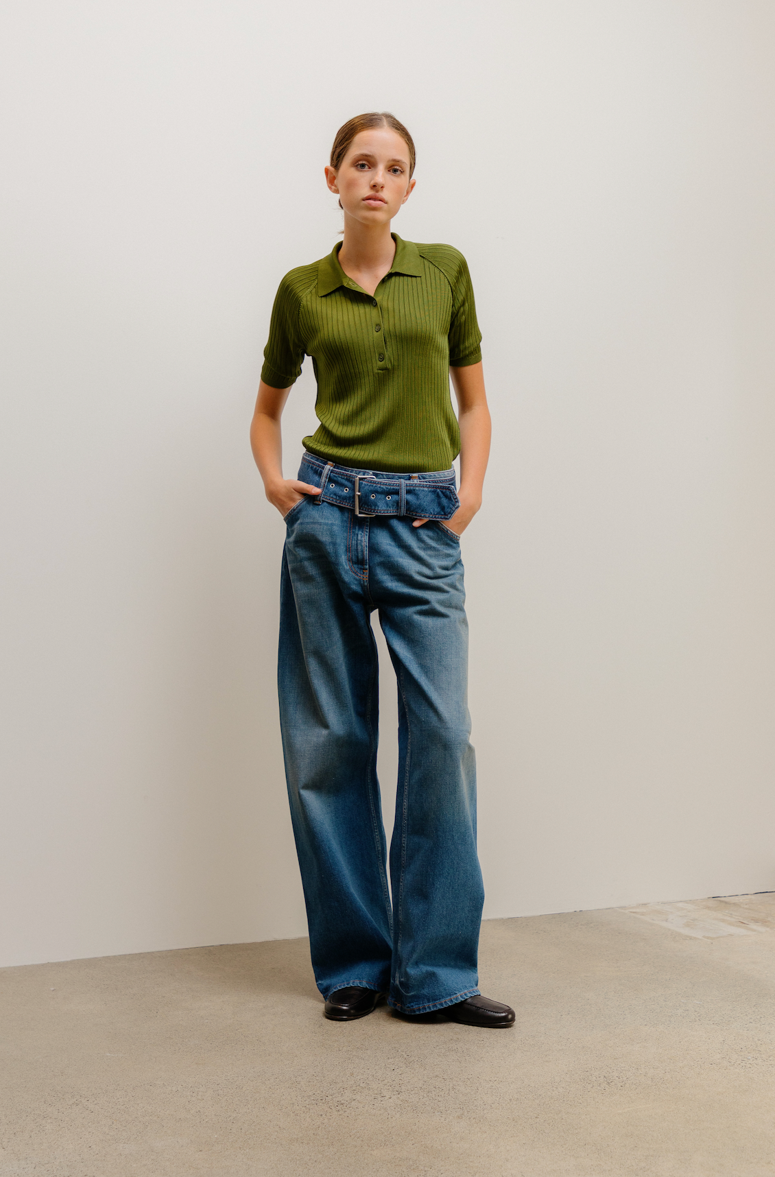 Belted Denim Trousers Mid Blue