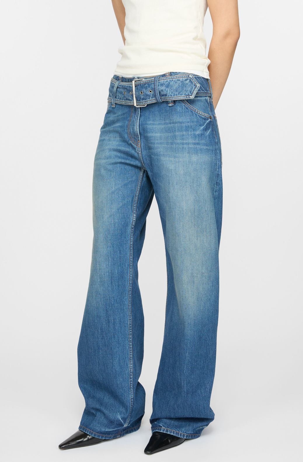 Belted Denim Trousers Mid Blue