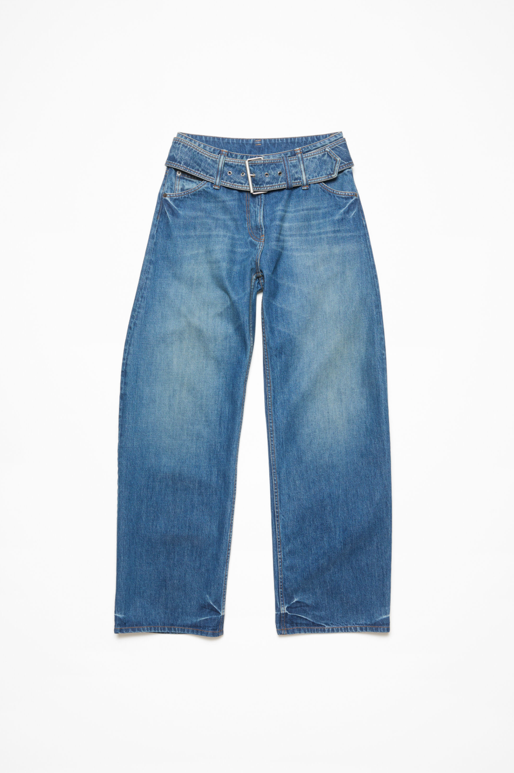 Belted Denim Trousers Mid Blue