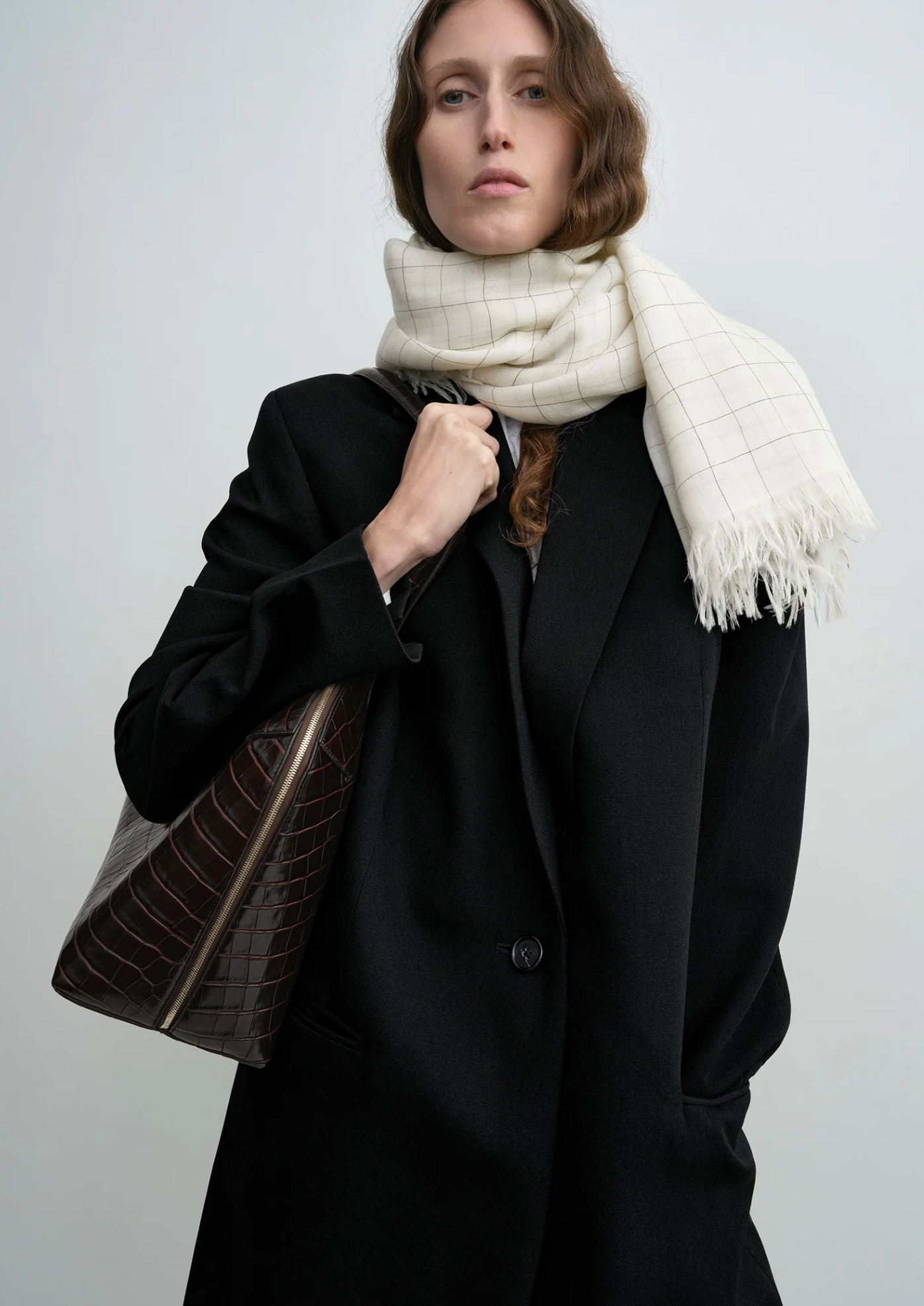Checked Light Wool Scarf Ecru Black