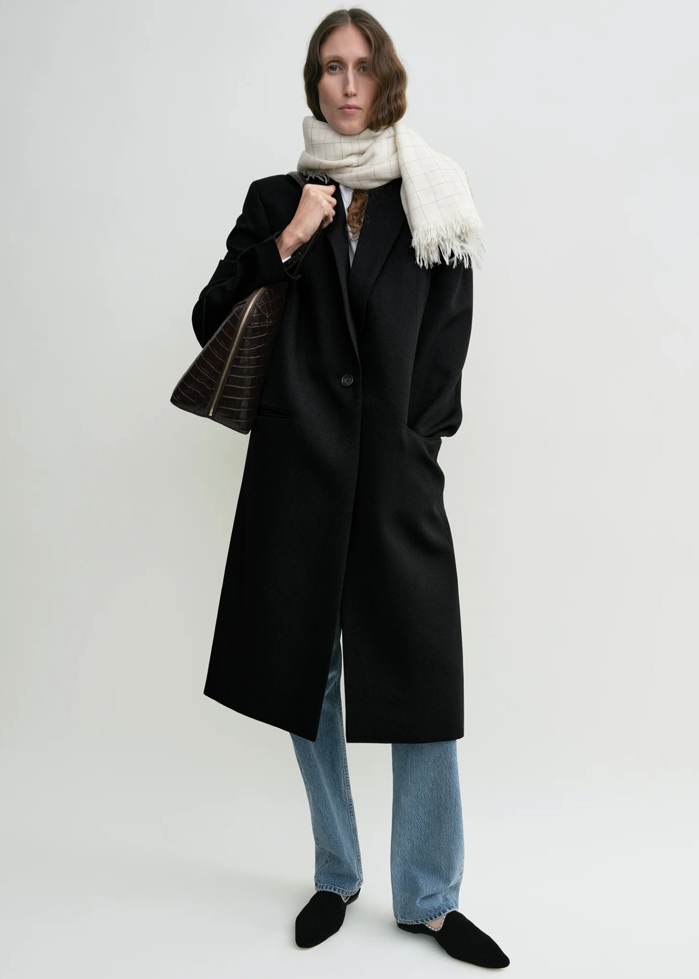 Checked Light Wool Scarf Ecru Black