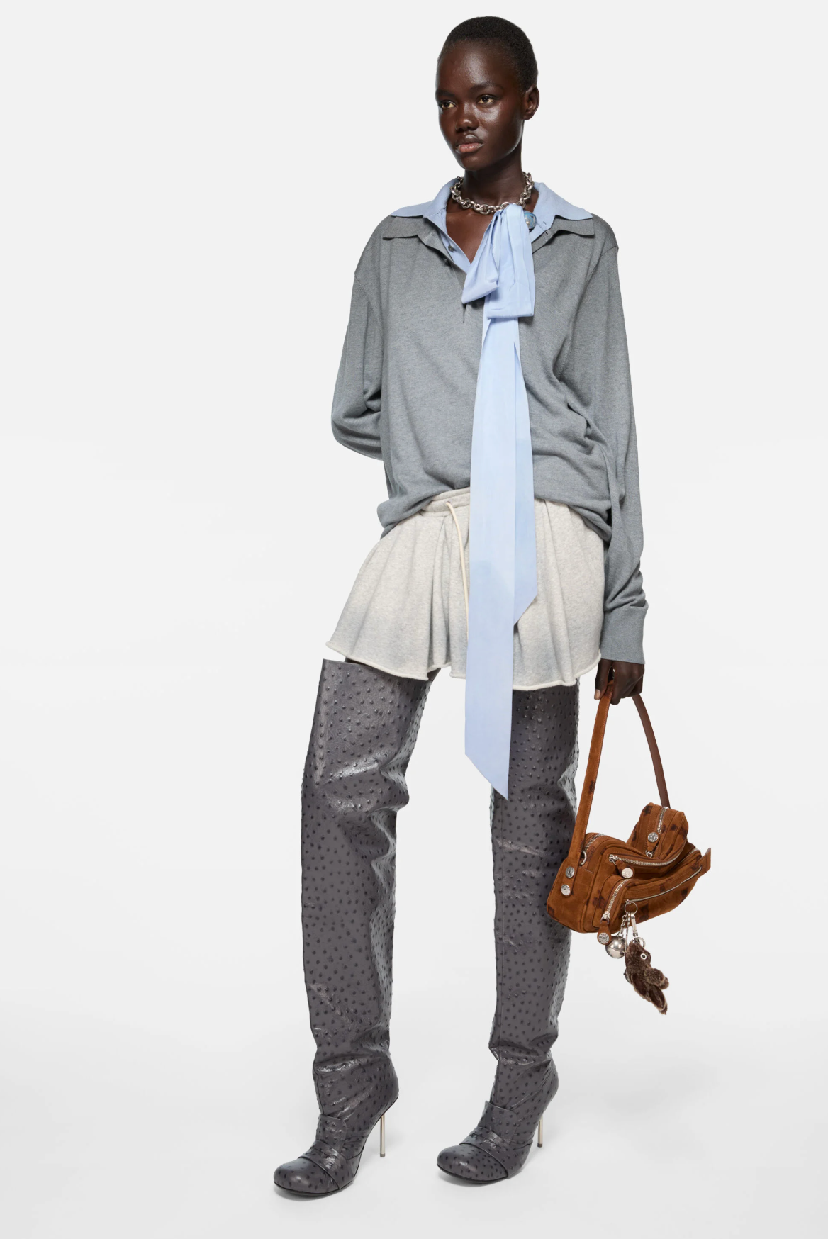 Layered Silk Polo Grey Sky Blue