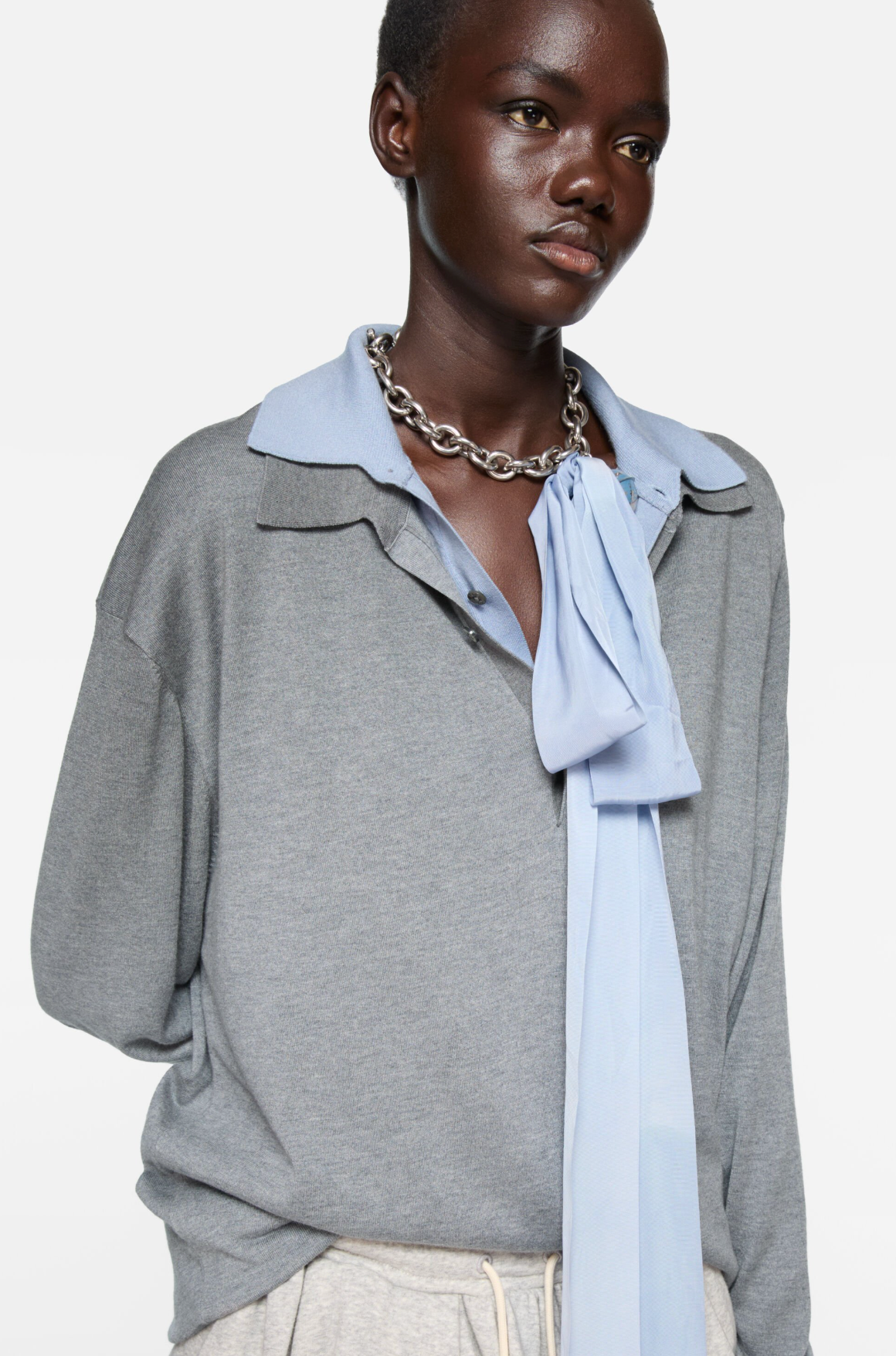 Layered Silk Polo Grey Sky Blue