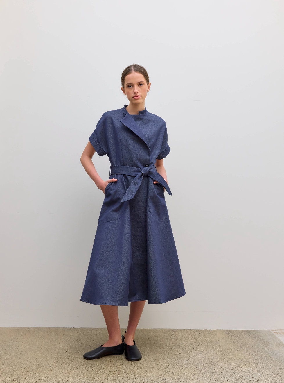 Cap Sleeve Dress Circle Skirt Denim Navy