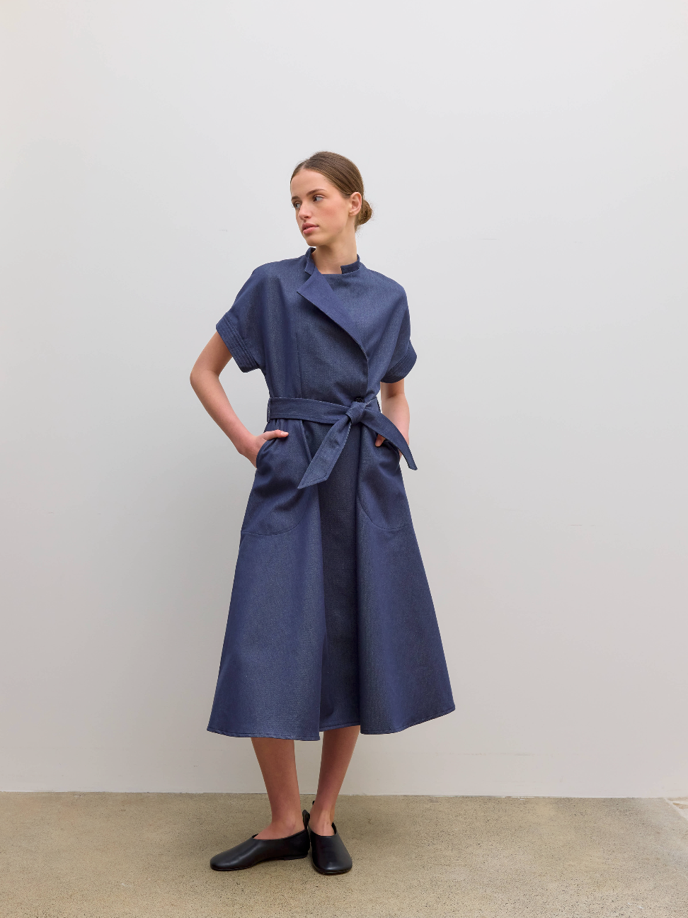 Cap Sleeve Dress Circle Skirt Denim Navy