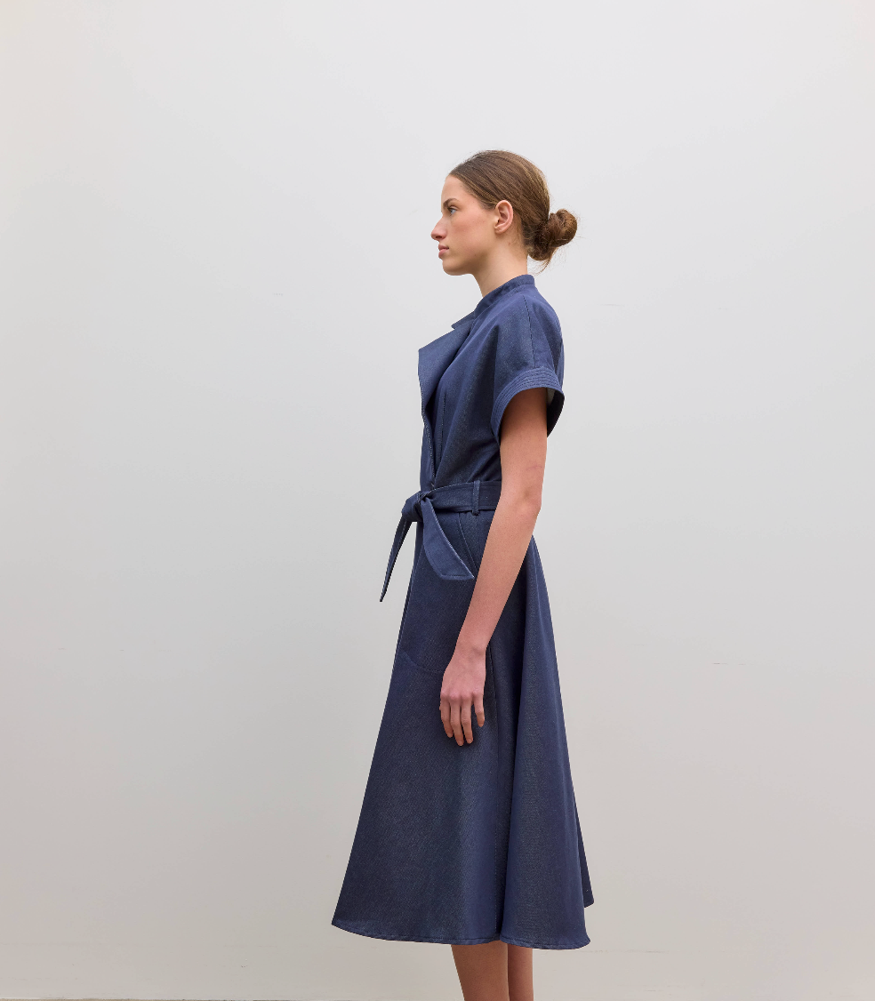 Cap Sleeve Dress Circle Skirt Denim Navy