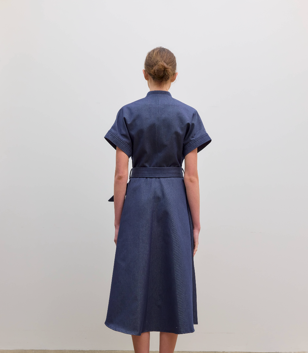 Cap Sleeve Dress Circle Skirt Denim Navy