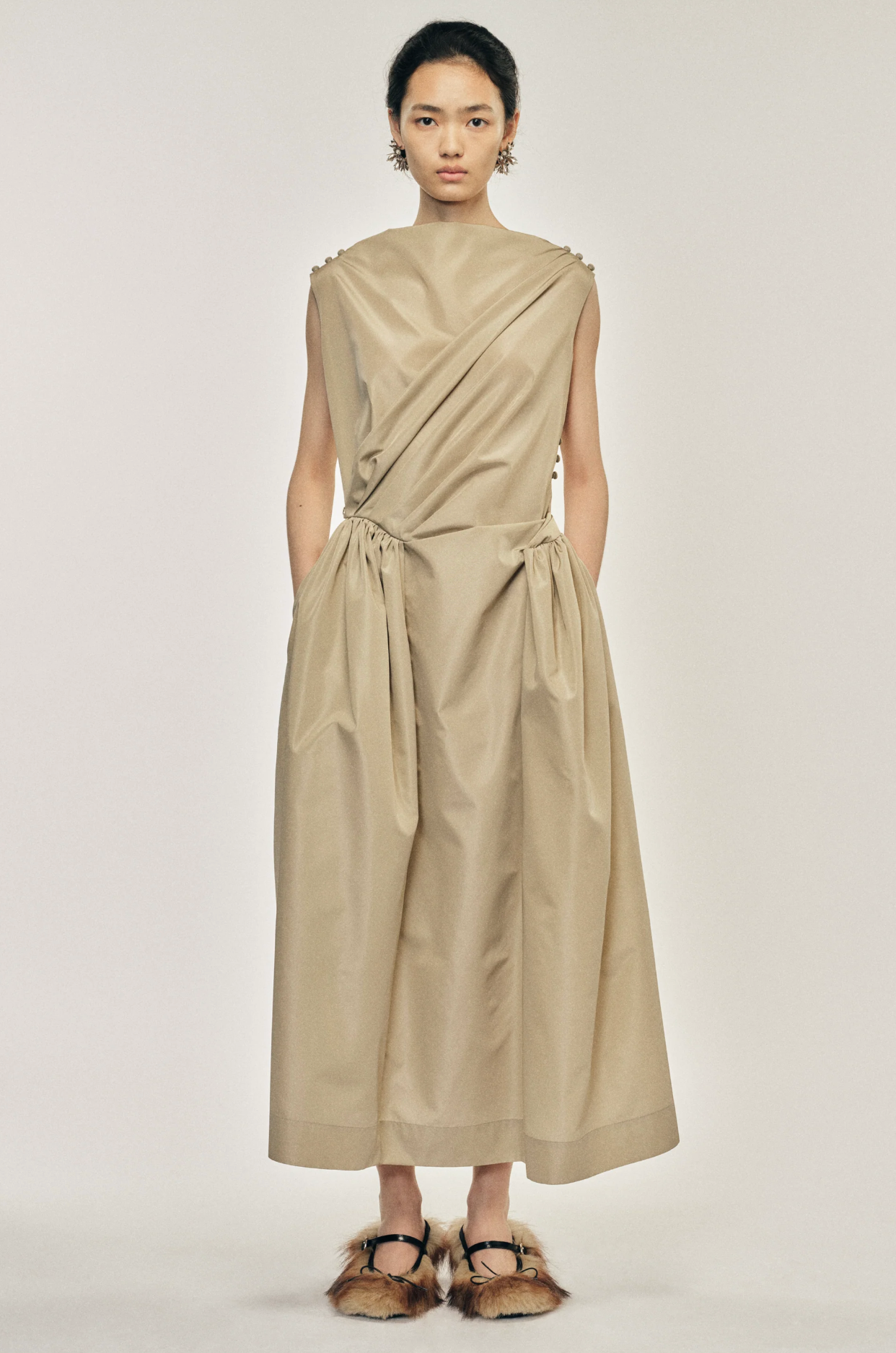 Draped Dress Hip Detail Stone Taffeta