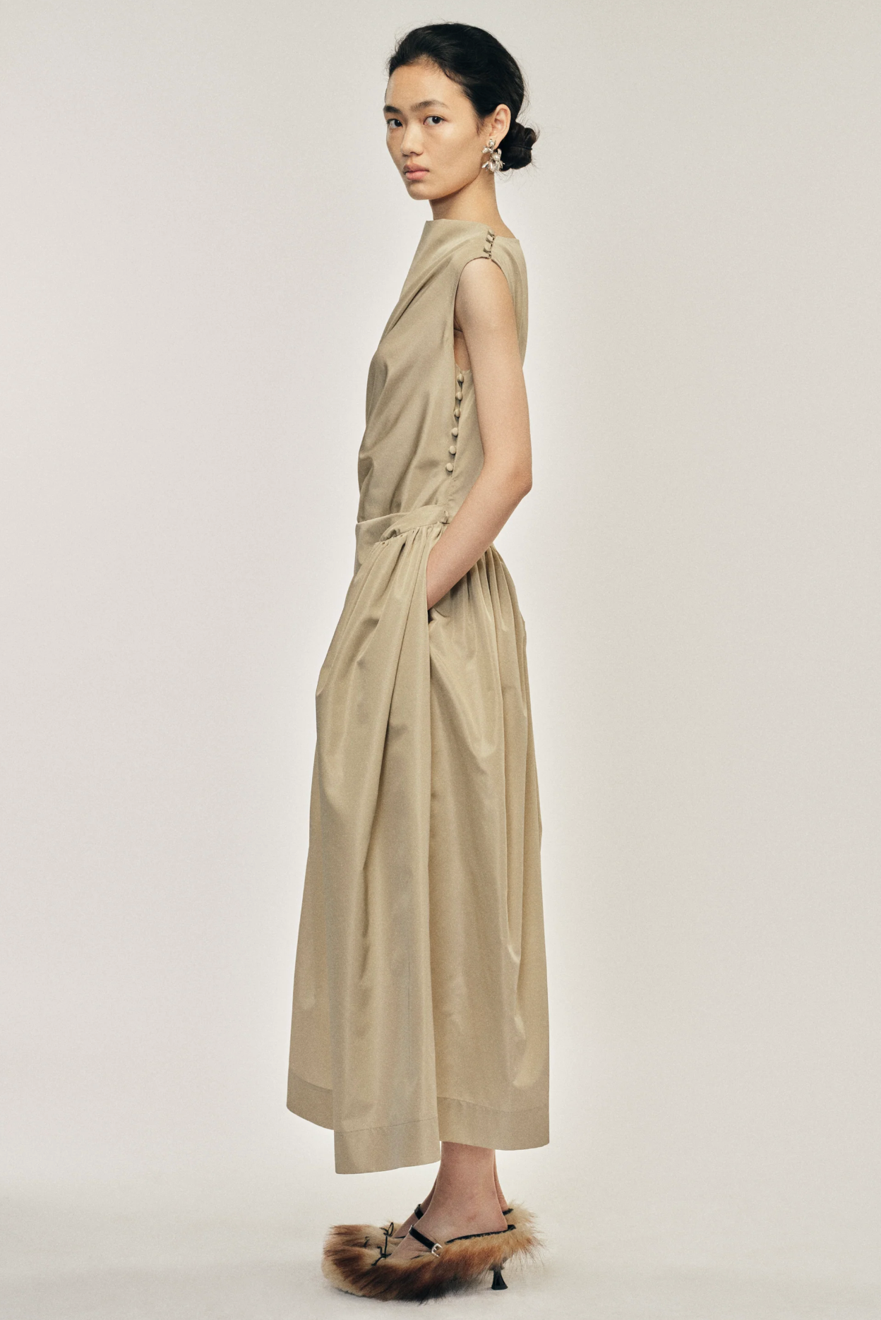 Draped Dress Hip Detail Stone Taffeta