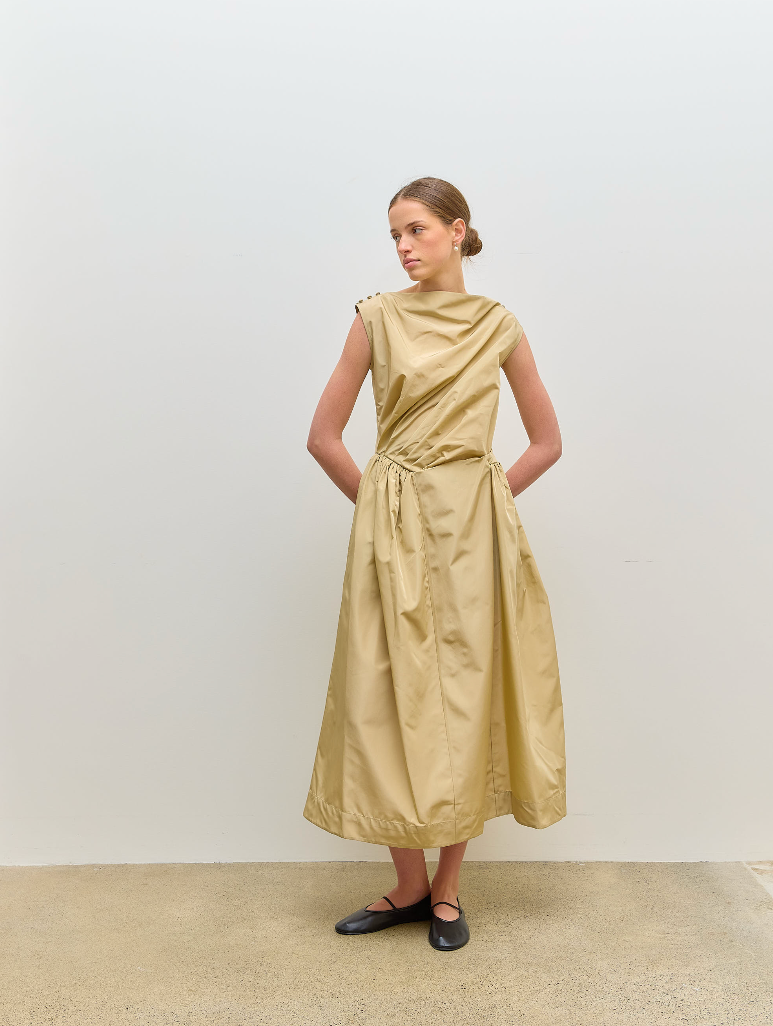 Draped Dress Hip Detail Stone Taffeta