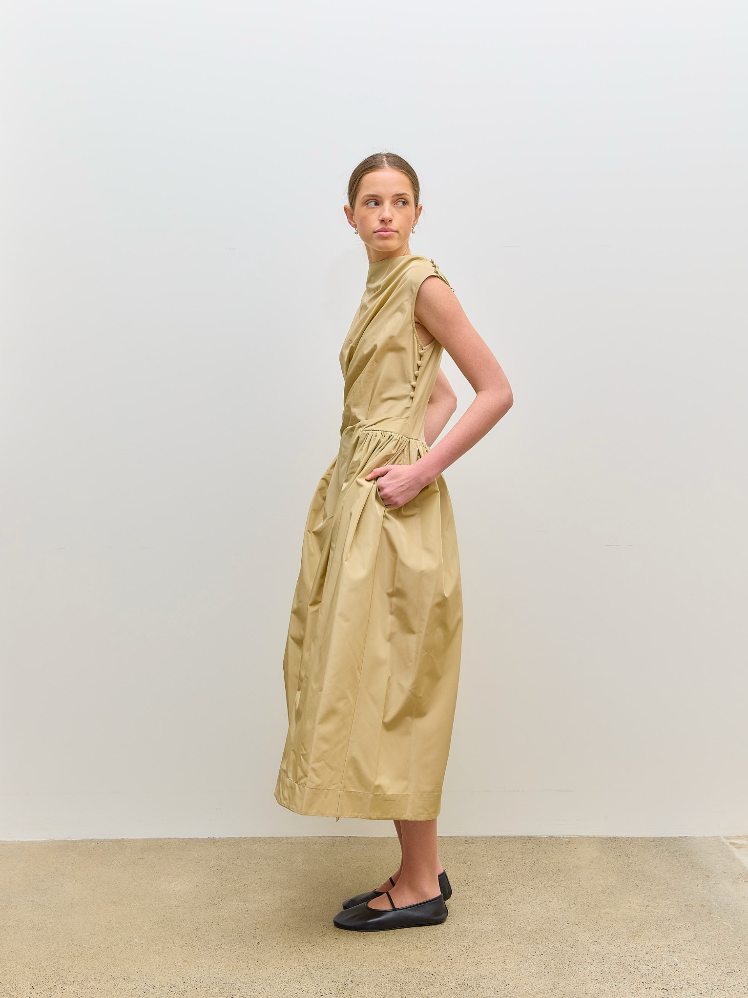 Draped Dress Hip Detail Stone Taffeta