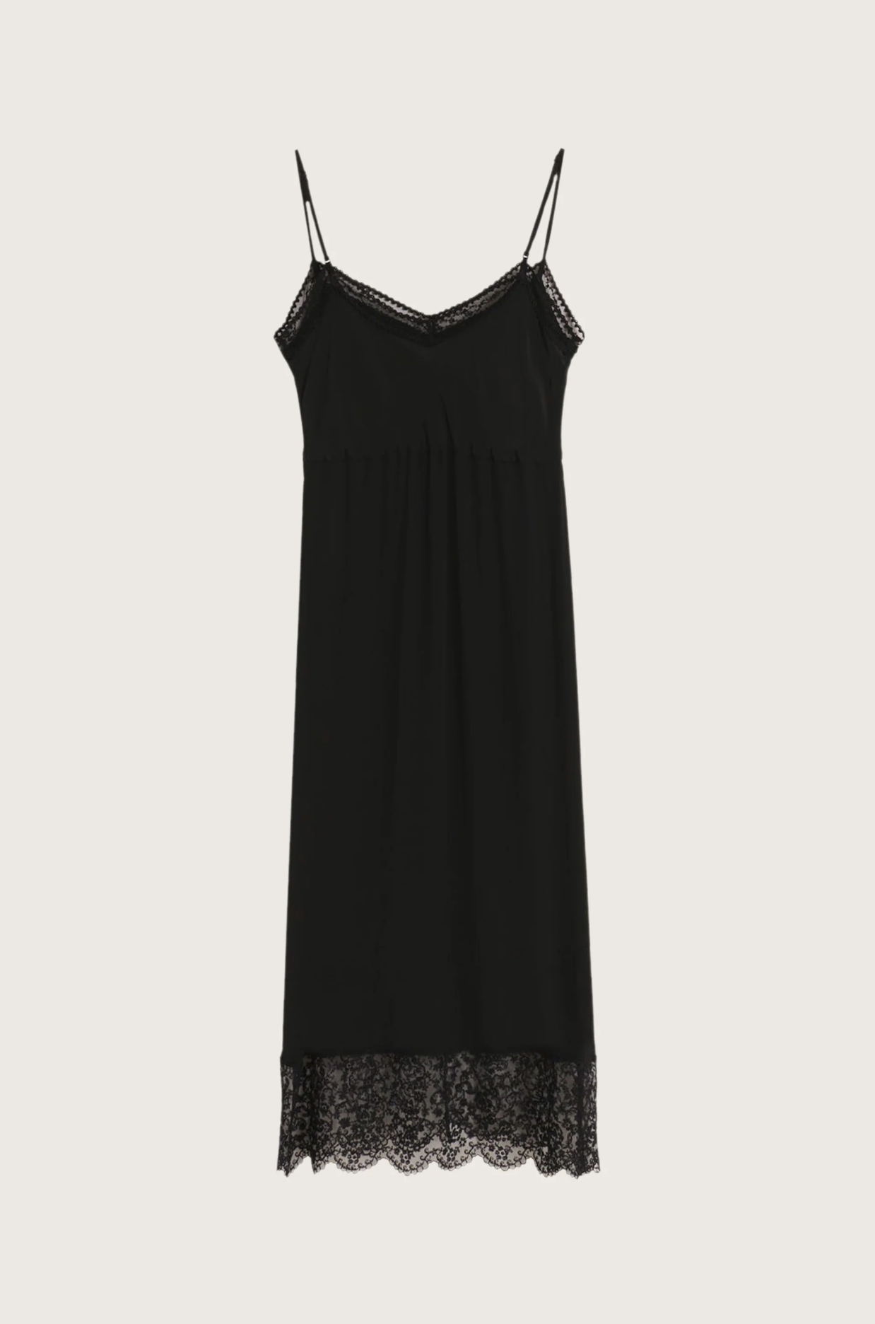 Slip Dress with Deep Lace Trim Black Crepe de Chine
