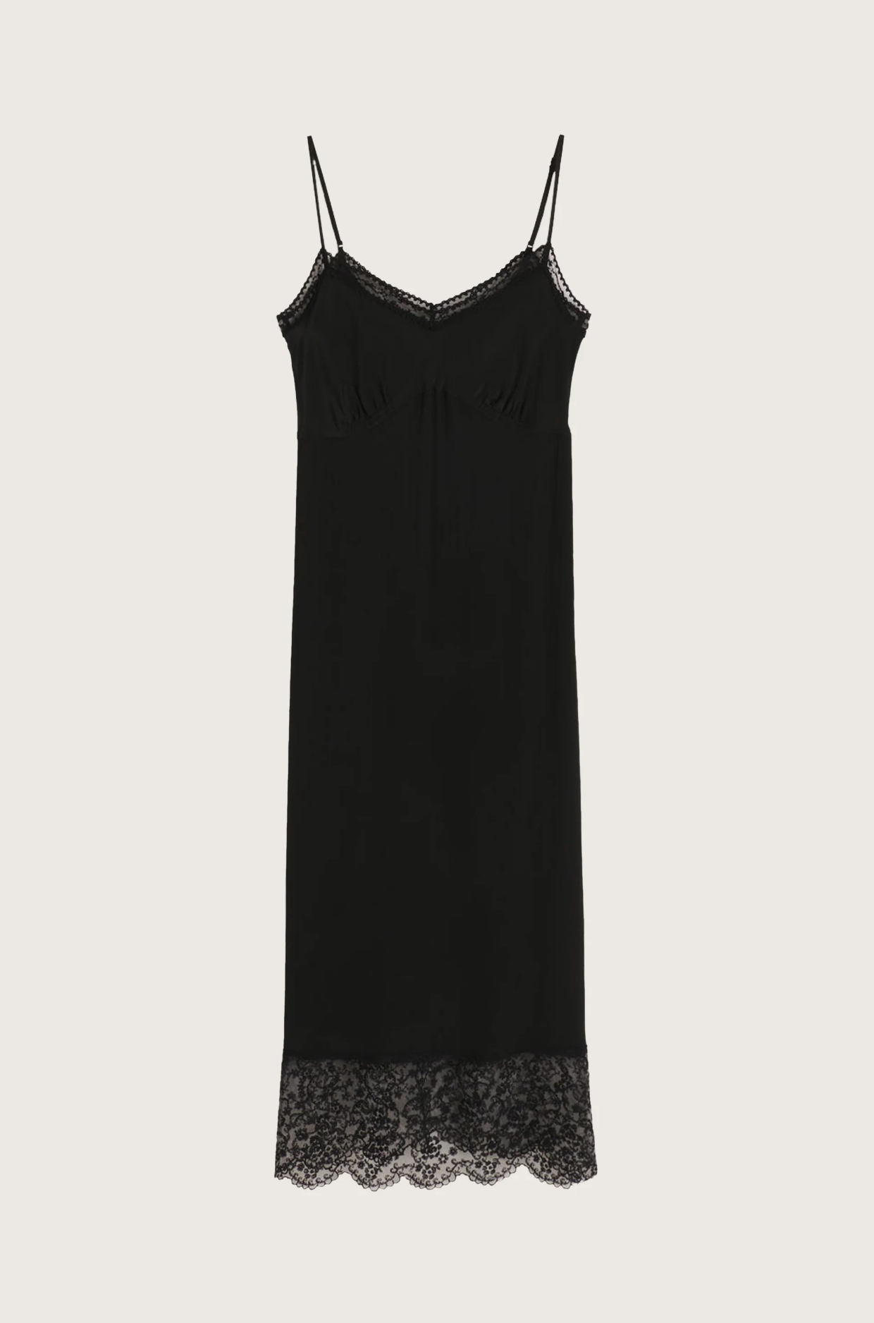 Slip Dress with Deep Lace Trim Black Crepe de Chine