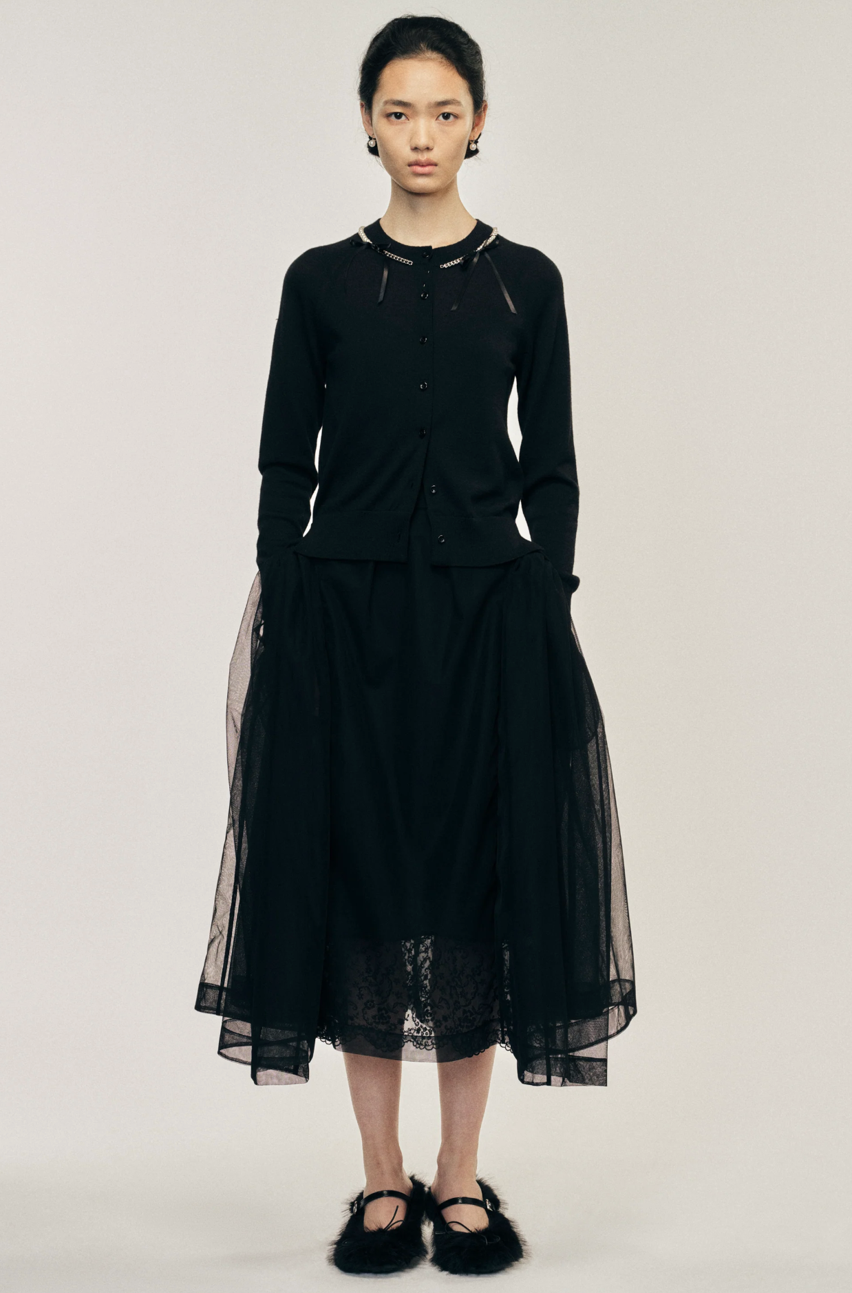Classic Long Sleeve Cardigan Pearl Black Merino Silk