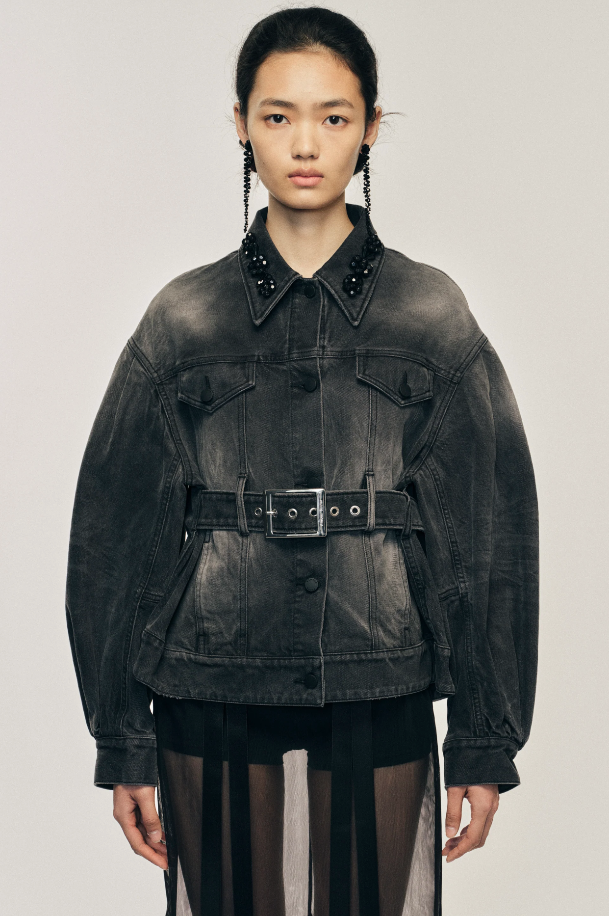 Sculpted Denim Jacket Distressed Embroidered Black Jet