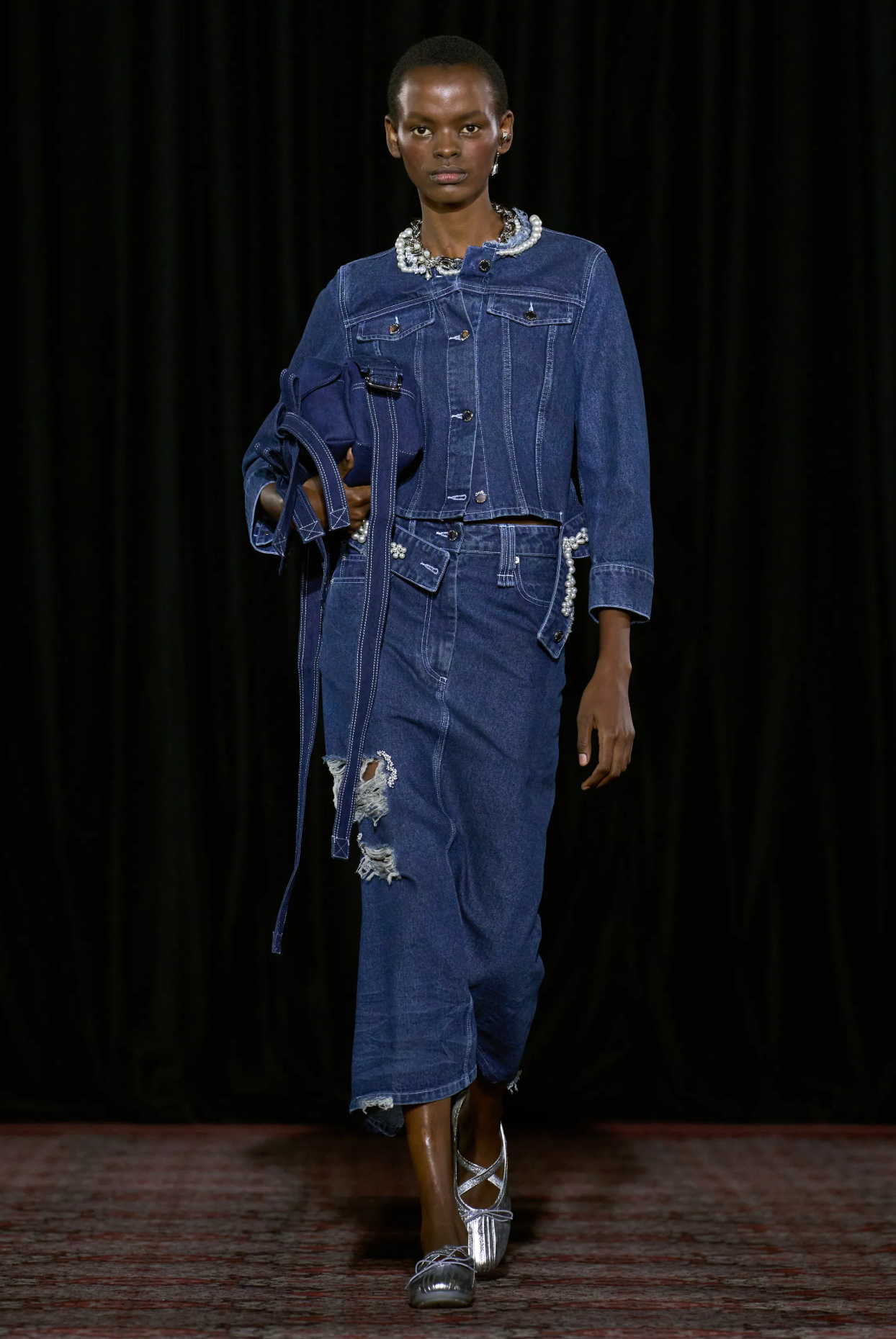 Fitted Waist Tail Jacket Distressed Denim Blue Pearl