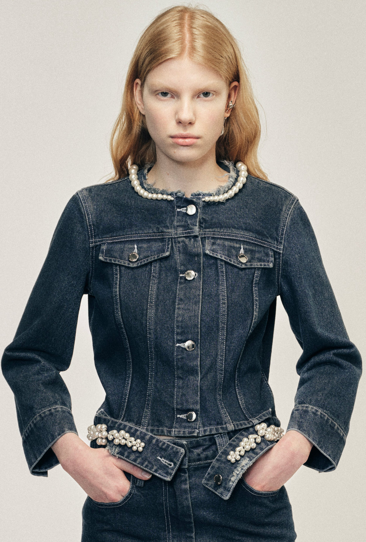 Fitted Waist Tail Jacket Distressed Denim Blue Pearl
