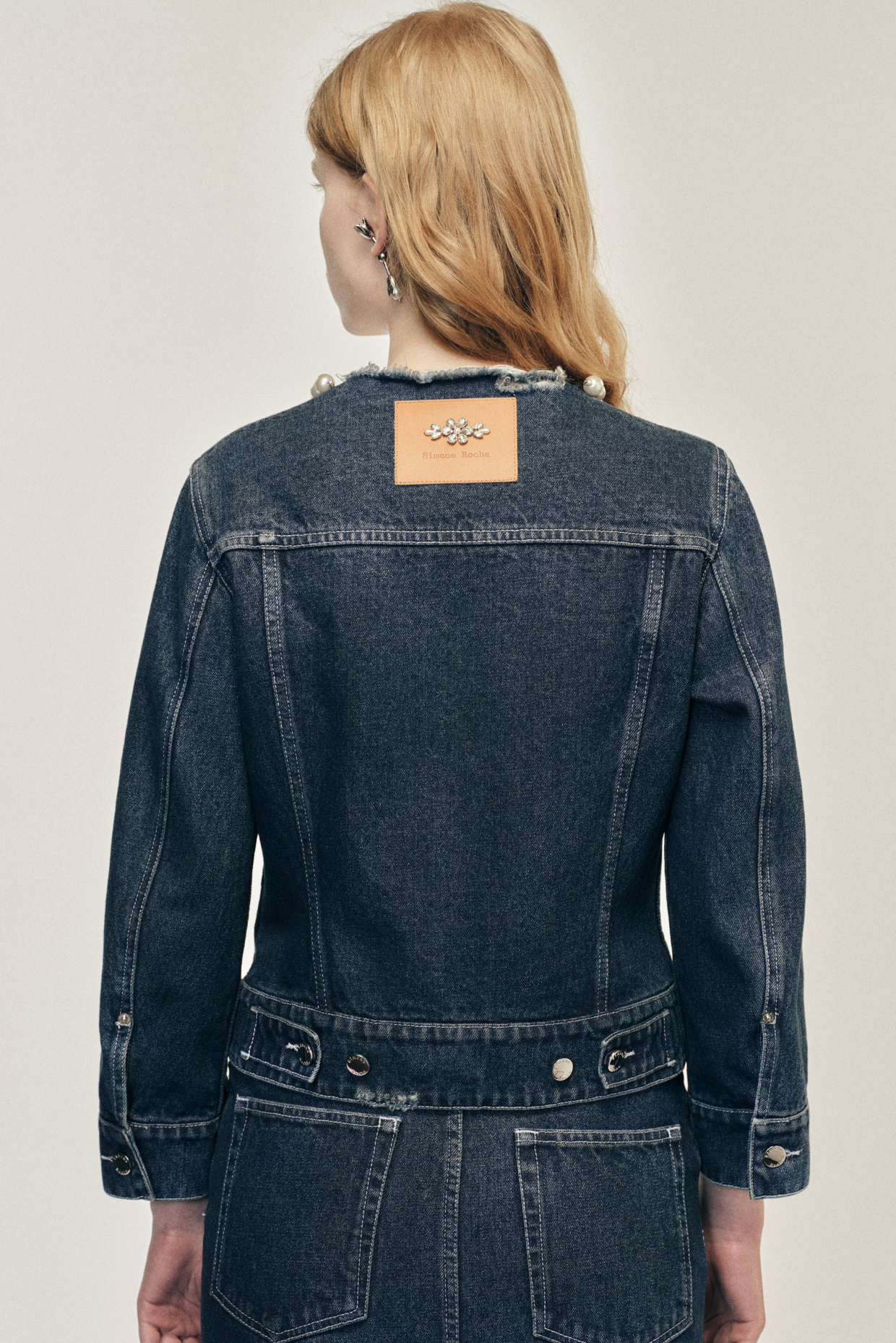 Fitted Waist Tail Jacket Distressed Denim Blue Pearl