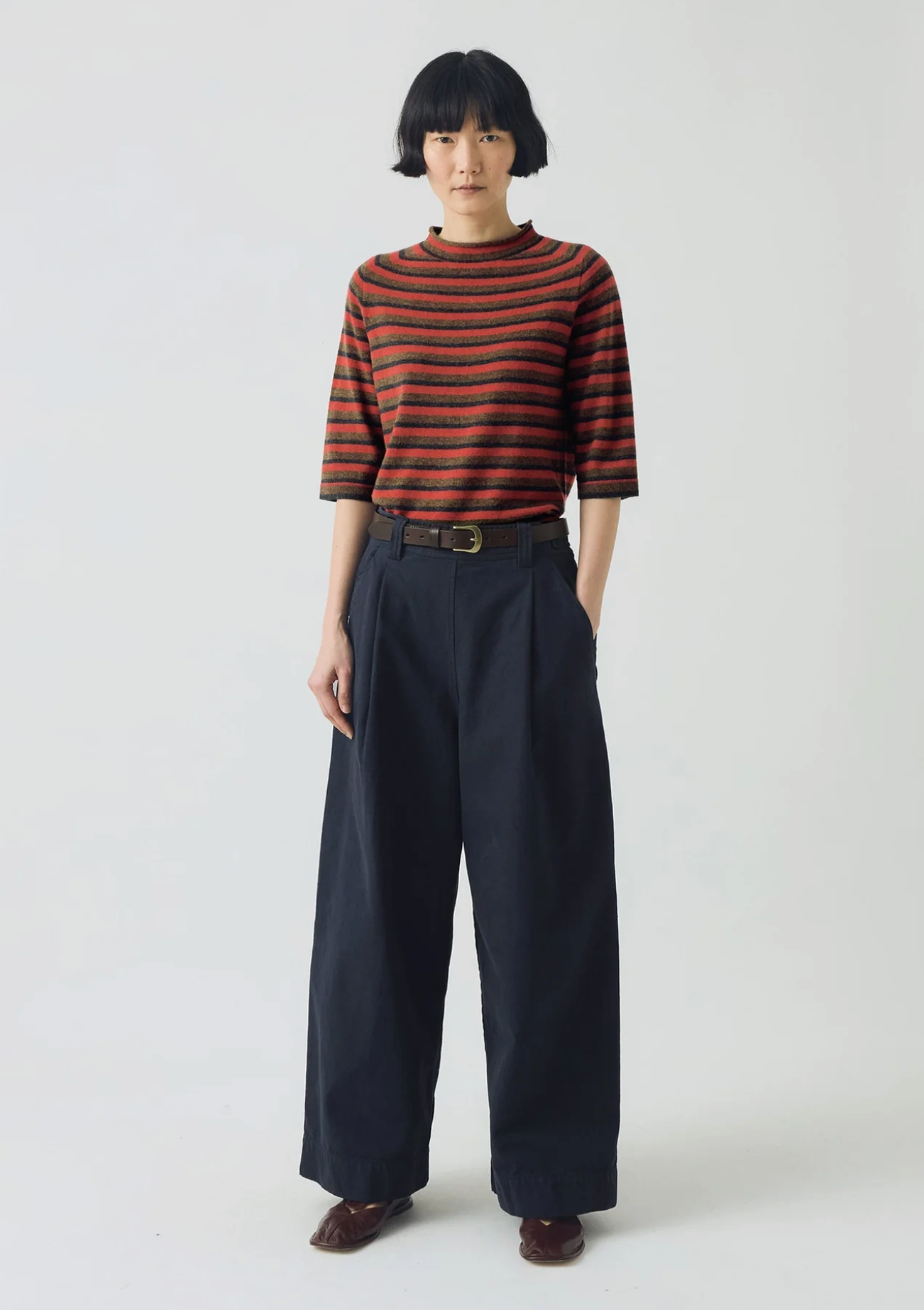 Stripe Wool Cashmere Half Sleeve Top Red Multi