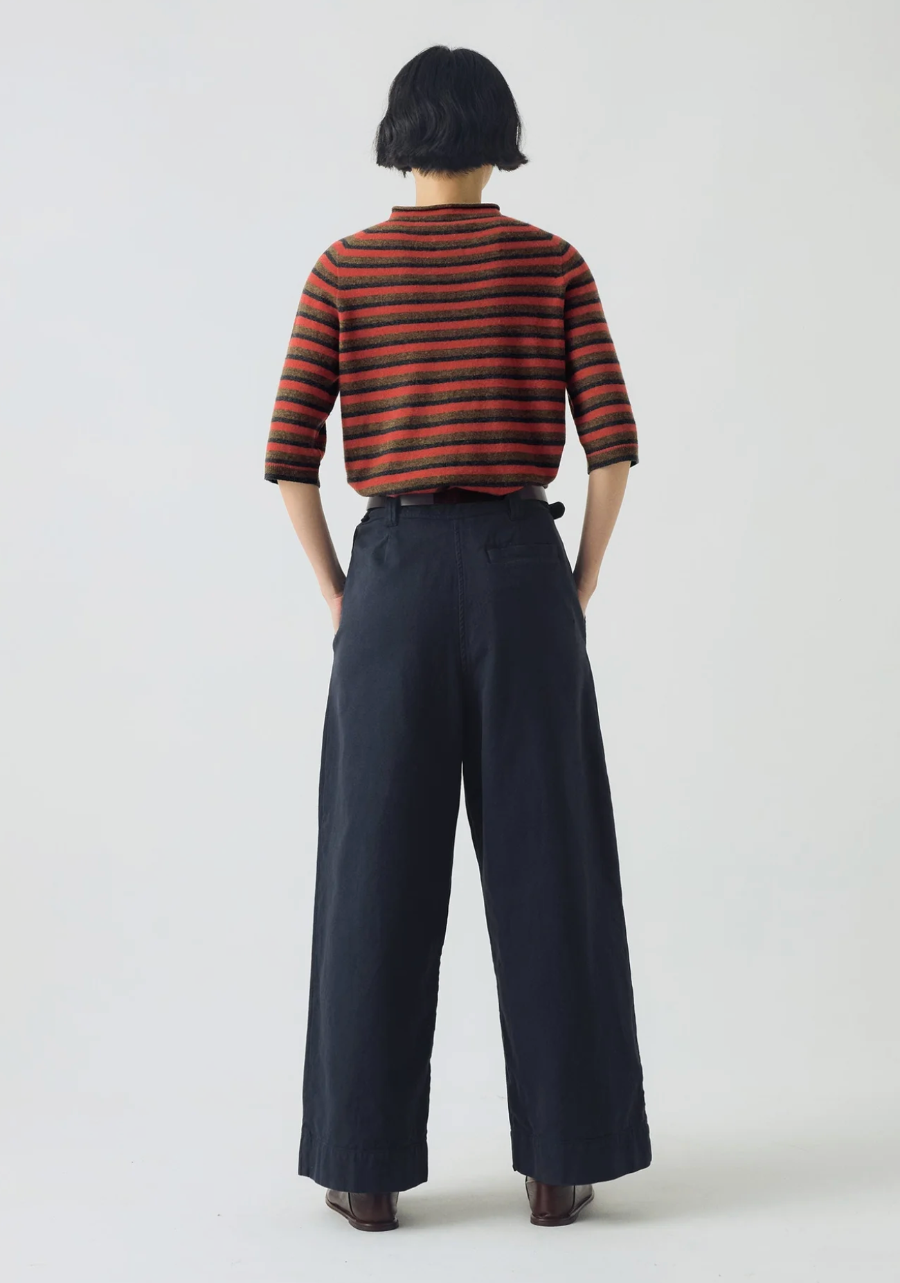 Stripe Wool Cashmere Half Sleeve Top Red Multi