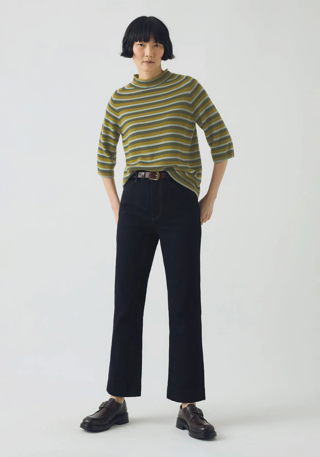 Stripe Wool Cashmere Half Sleeve Top Green Multi