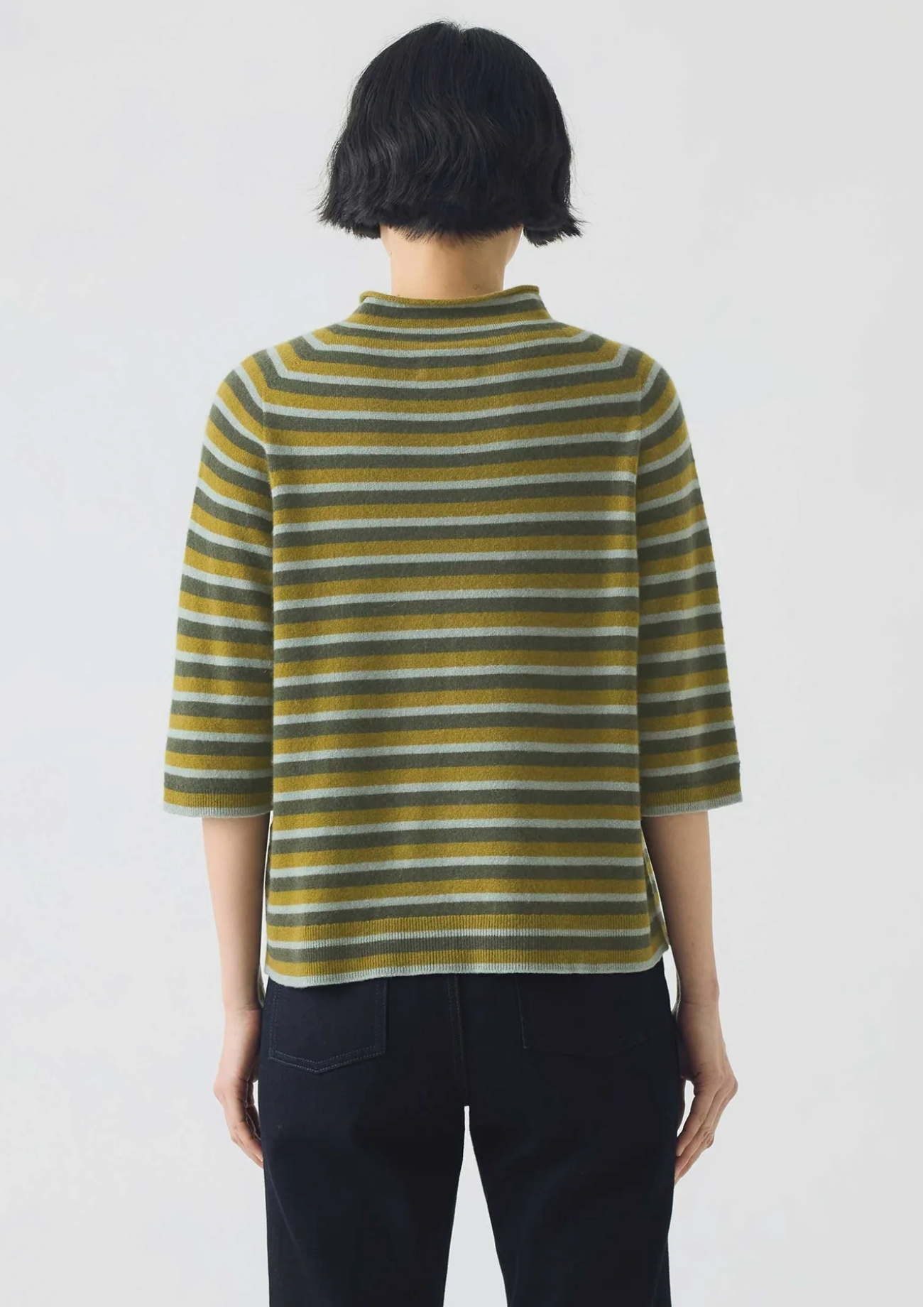 Stripe Wool Cashmere Half Sleeve Top Green Multi
