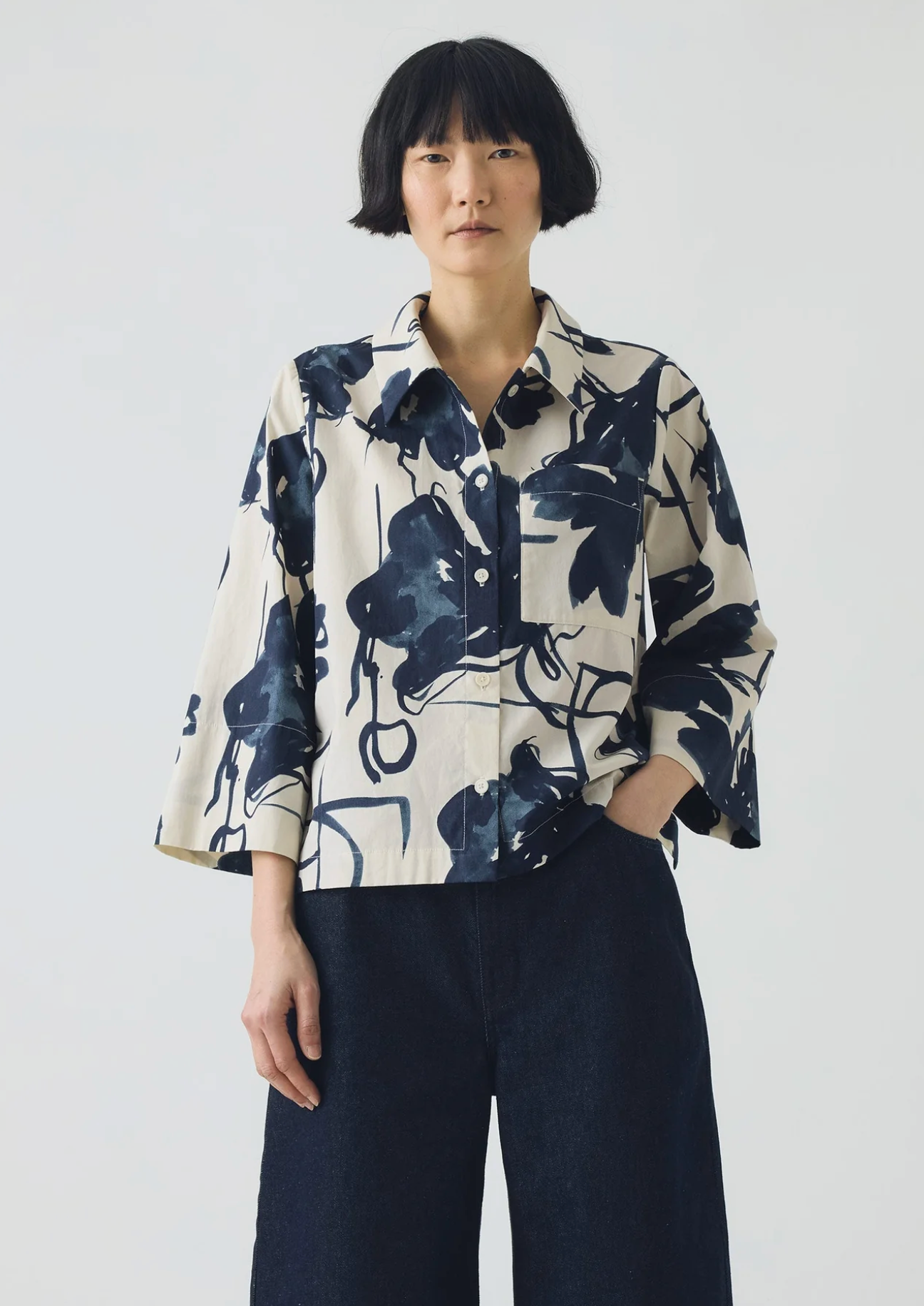 Pen and Ink Print Cotton Poplin Shirt Ink Blue