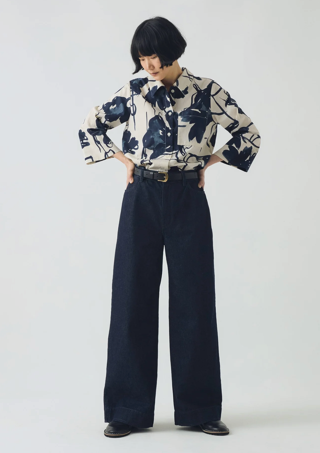 Pen and Ink Print Cotton Poplin Shirt Ink Blue