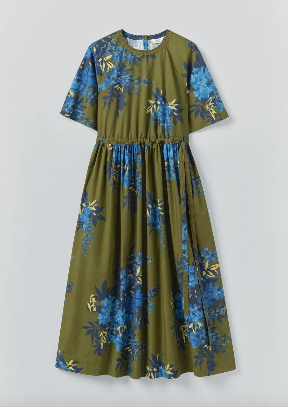 Botanical Shadow Print Cotton Dress Olive