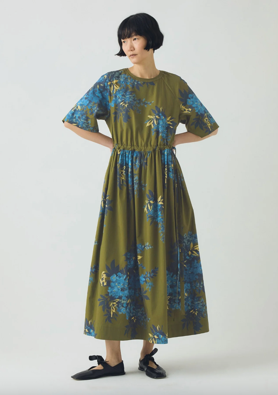 Botanical Shadow Print Cotton Dress Olive