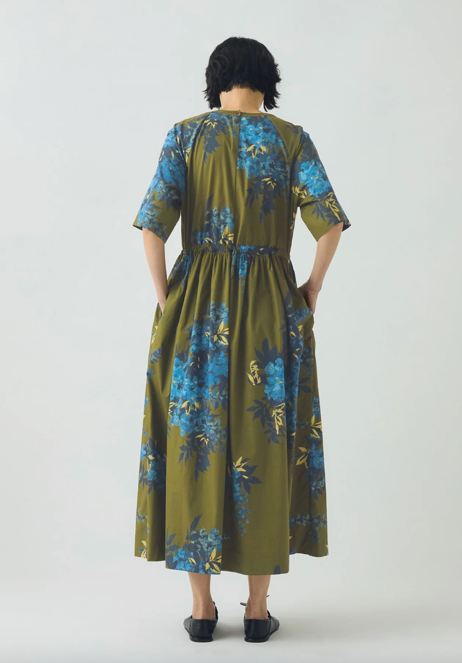 Botanical Shadow Print Cotton Dress Olive