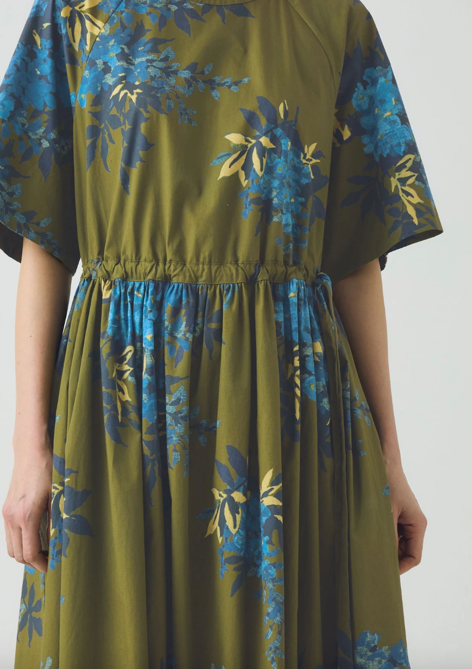 Botanical Shadow Print Cotton Dress Olive