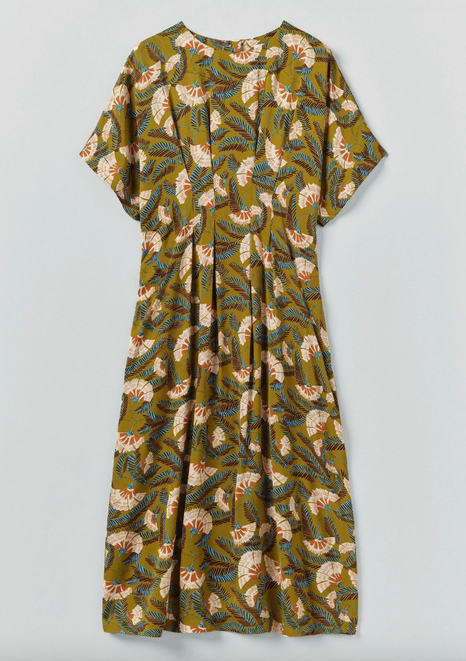 Dianthus Print Pleated Waist Dress Golden Lime