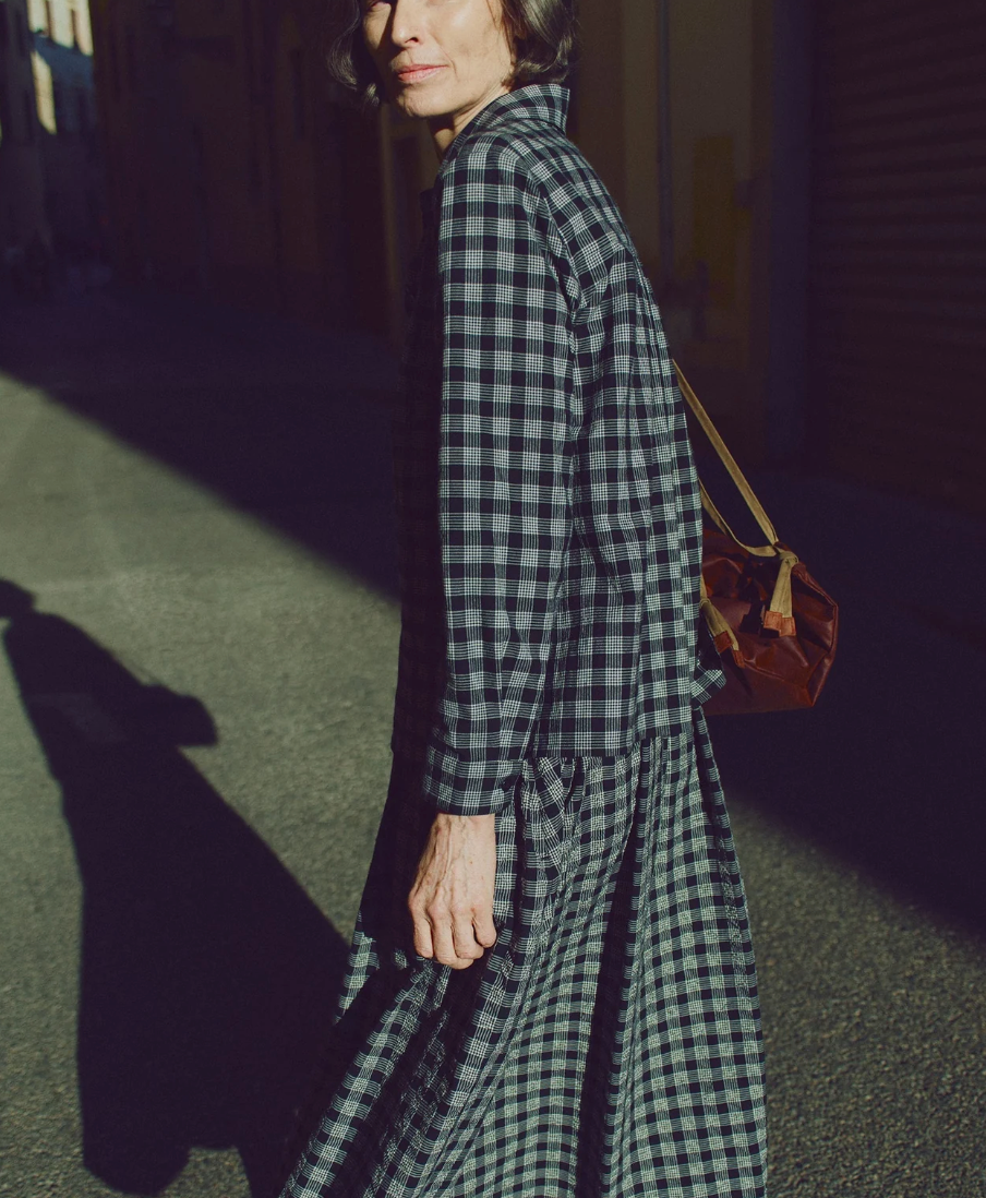 Binding Check Cotton Wool Gathered Skirt Black Ecru