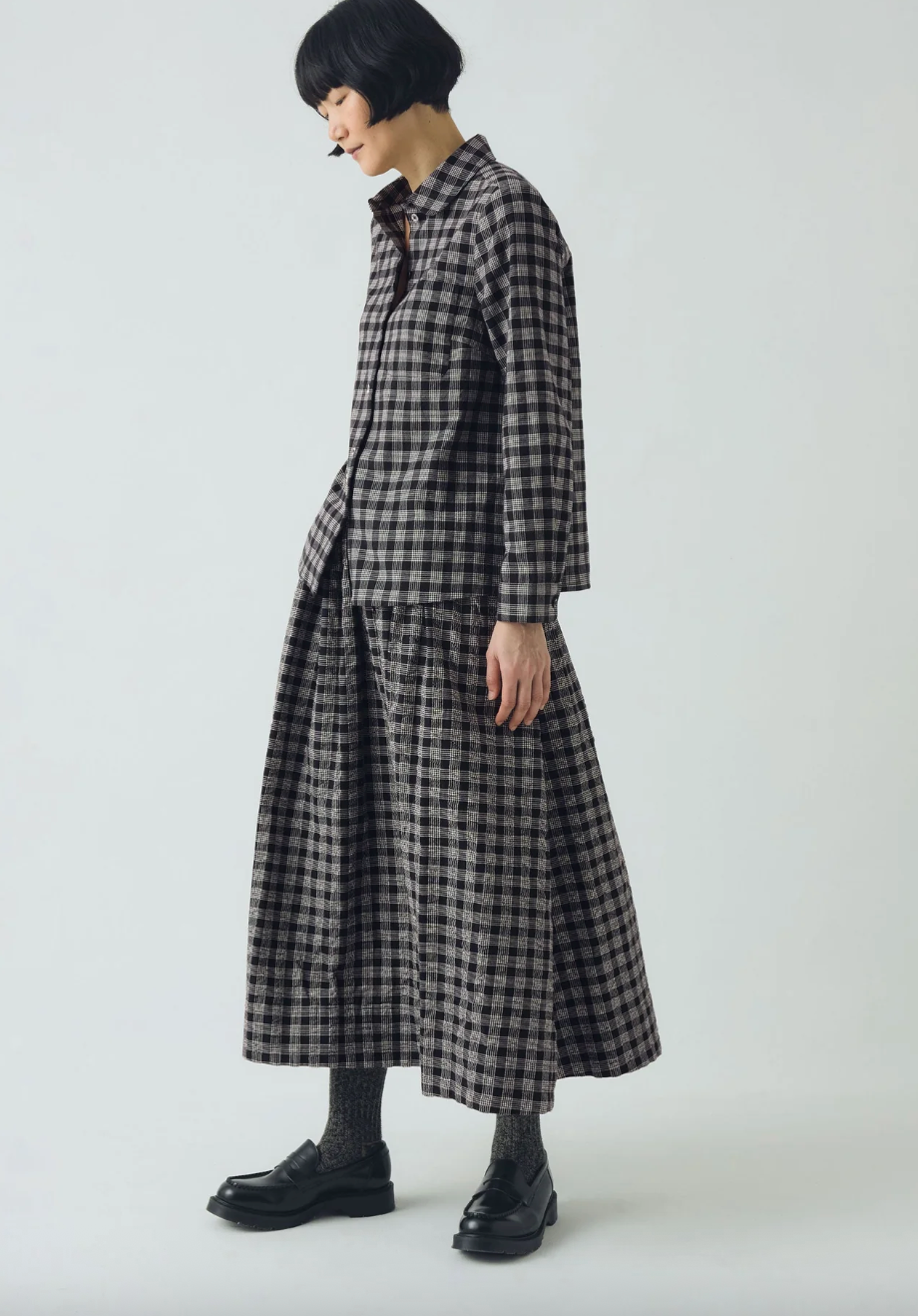 Binding Check Cotton Wool Gathered Skirt Black Ecru