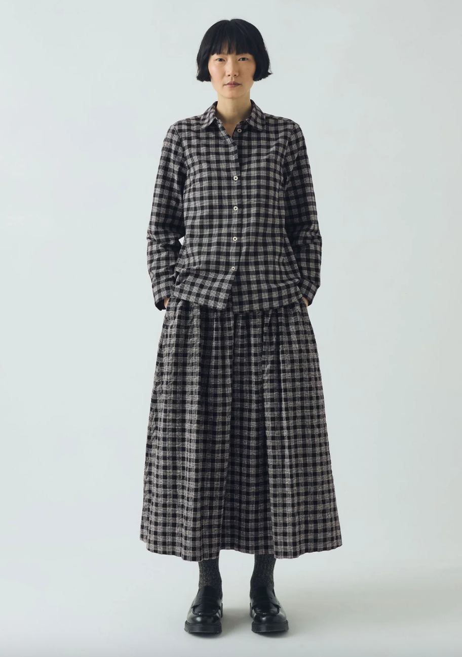 Binding Check Cotton Wool Gathered Skirt Black Ecru