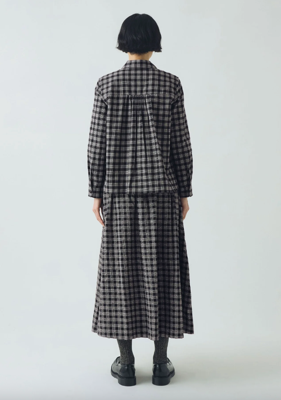Binding Check Cotton Wool Gathered Skirt Black Ecru