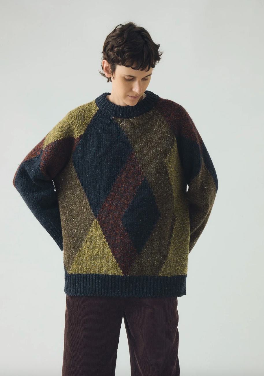 Marled Argyle Blocked Sweater Olive Multi